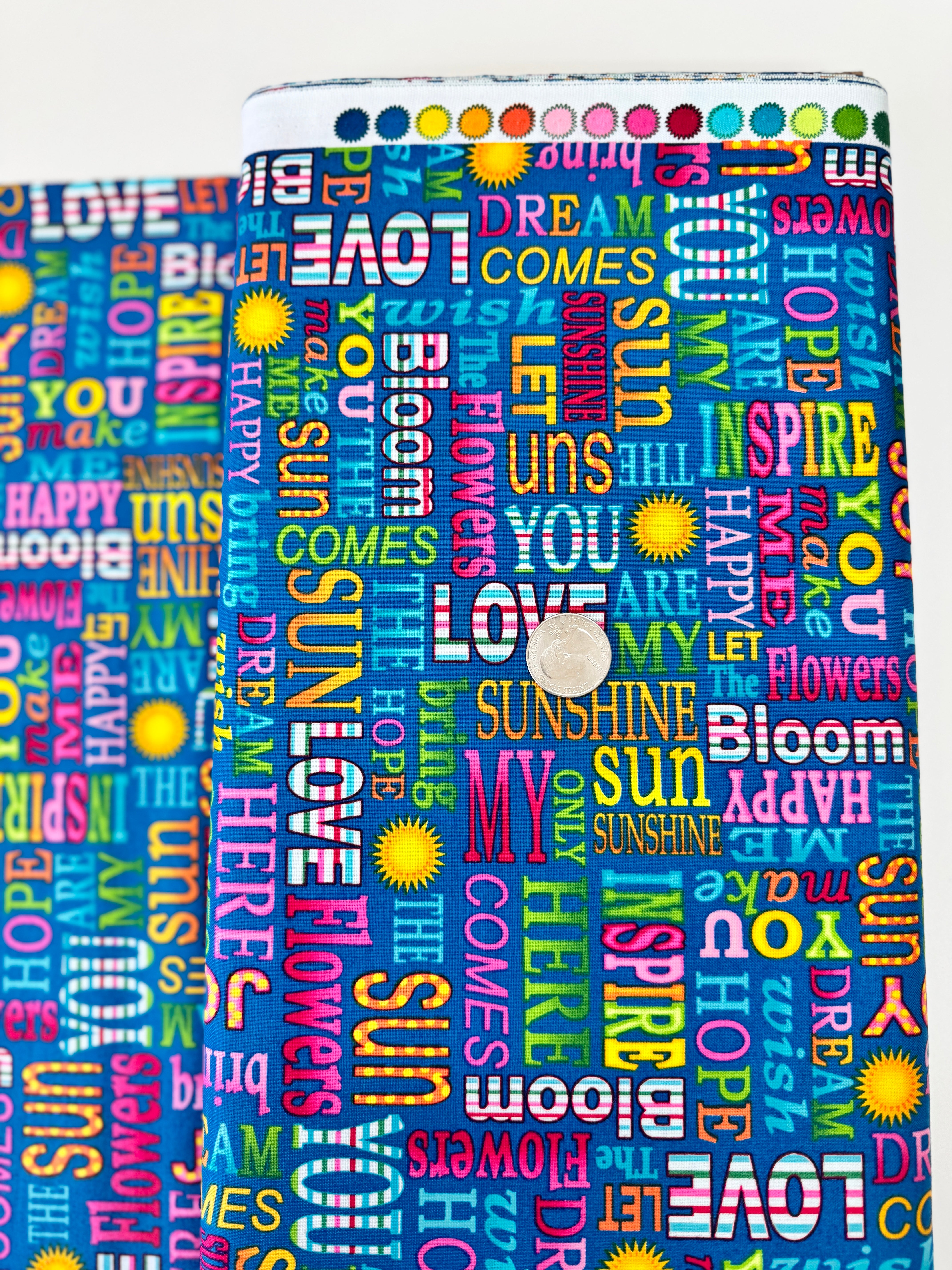 Sunshine Kisses – Words Fabric by Studio E Fabrics – uplifting typography print on premium quilting cotton