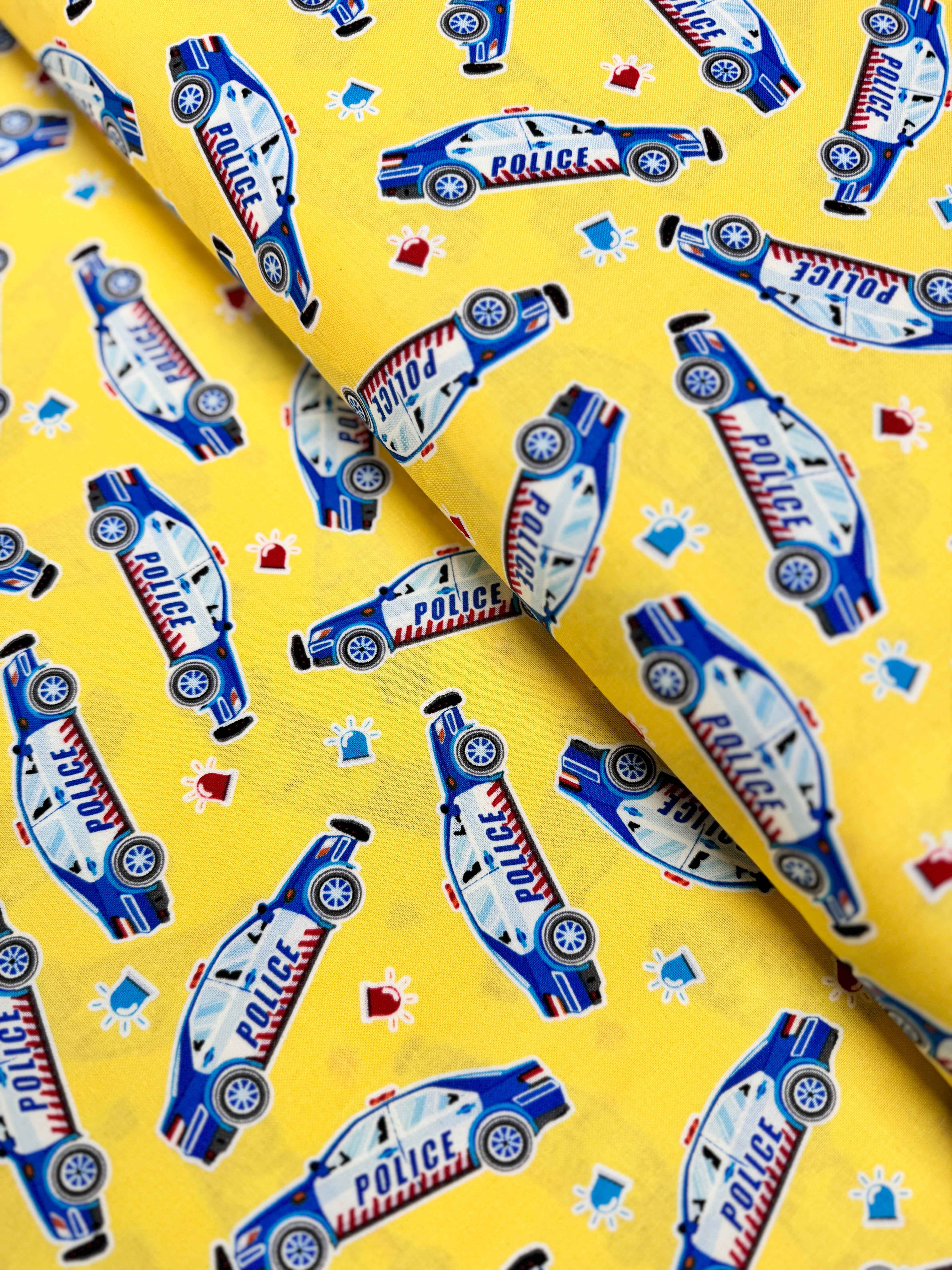 Glow in the Dark - Save the Day - Police Cars on Yellow Yardage