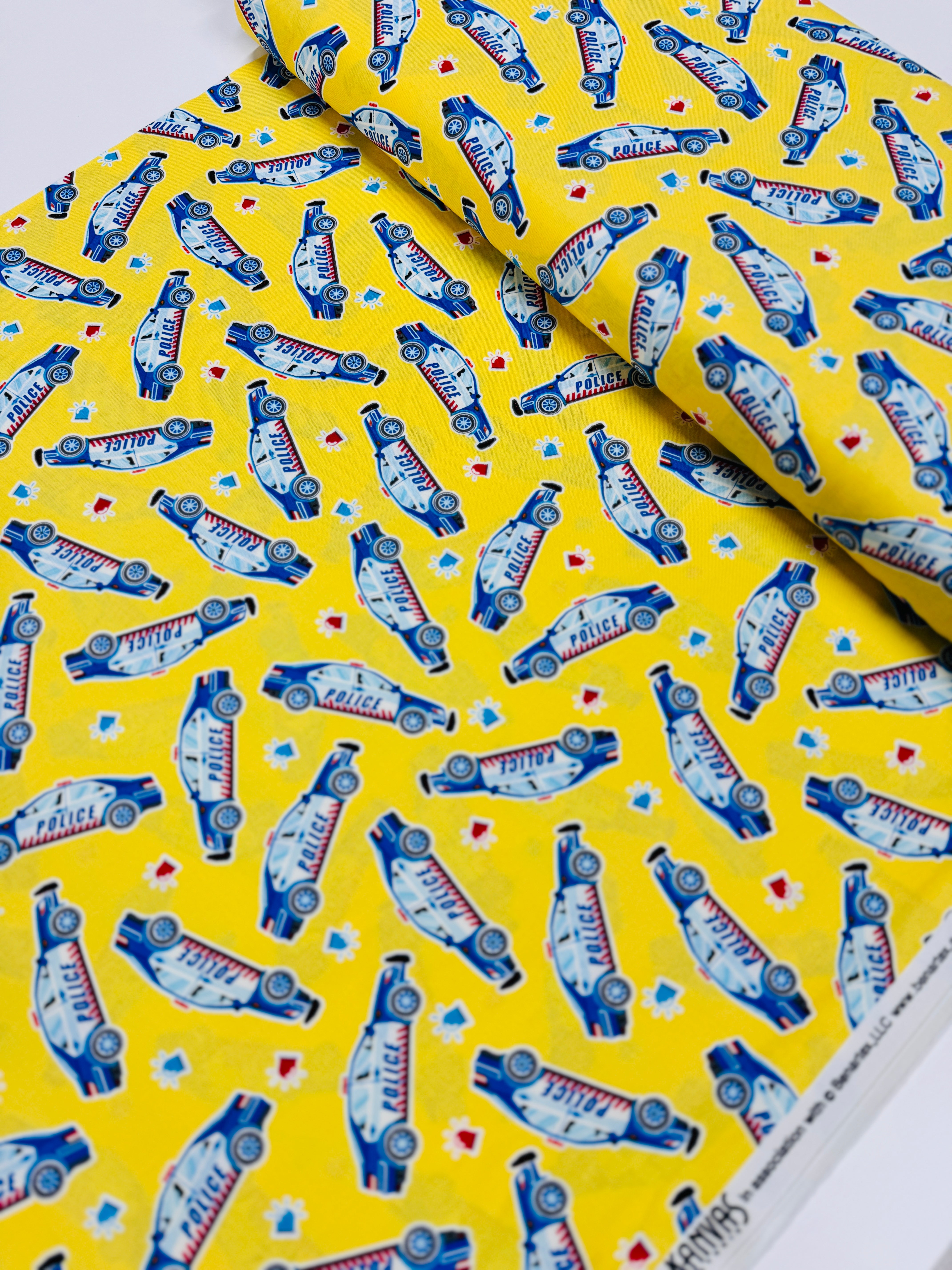 Glow in the Dark - Save the Day - Police Cars on Yellow Yardage