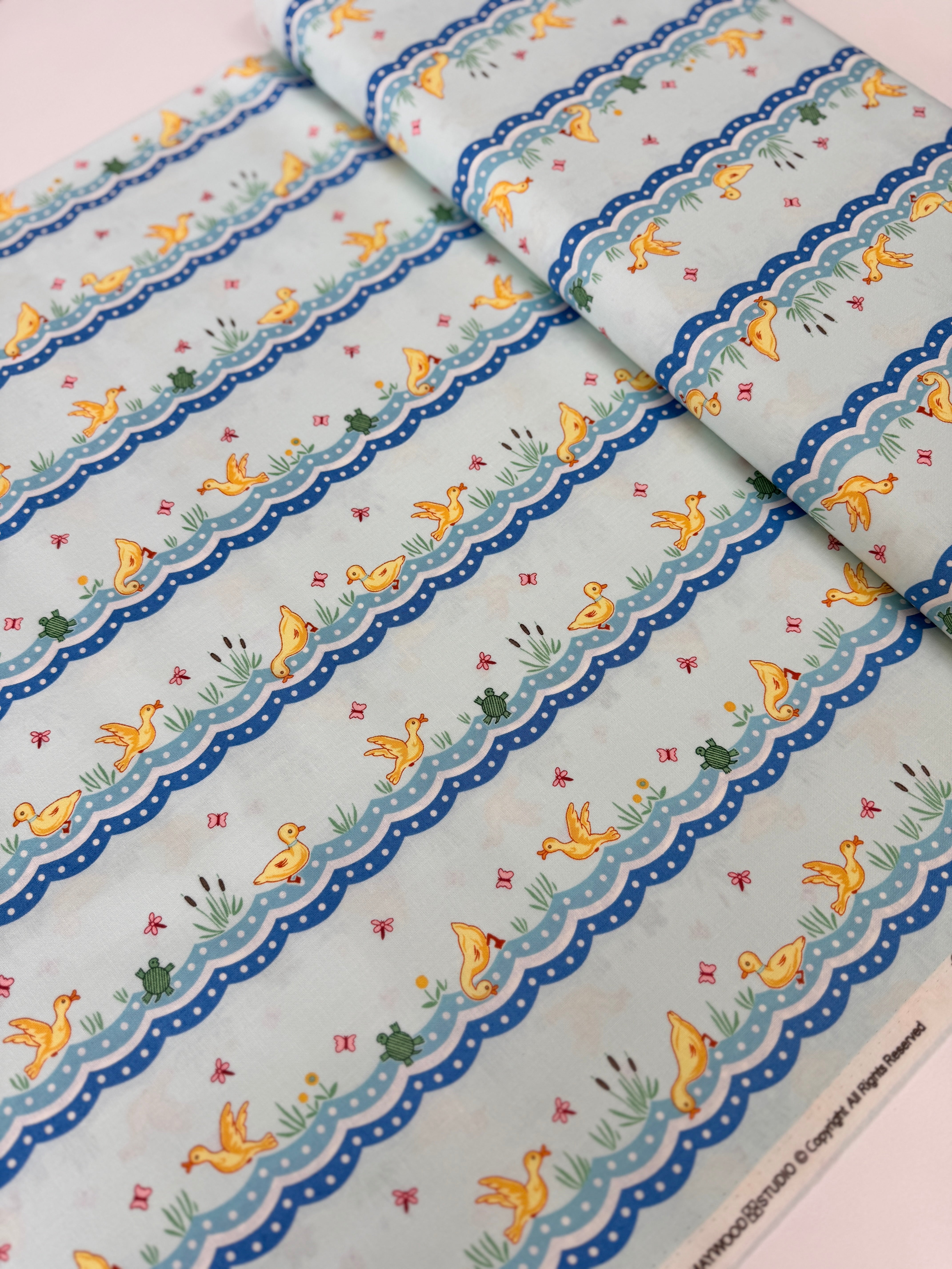 Animal Quackers Duck Stripe fabric by Maywood Studio – Kim’s Cause Collection, 100% cotton, yellow ducks on striped design.