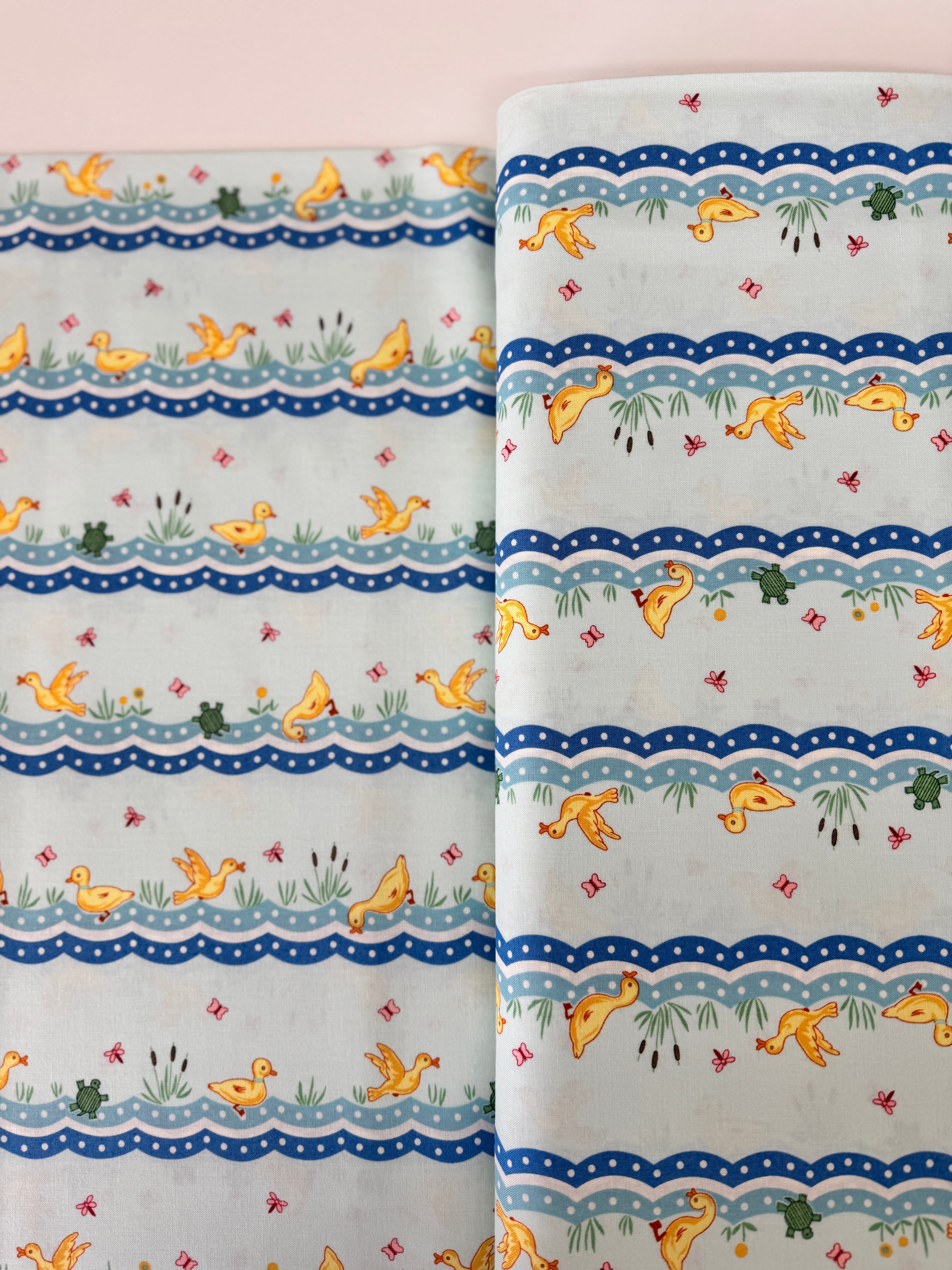 Animal Quackers Duck Stripe fabric by Maywood Studio – Kim’s Cause Collection, 100% cotton, yellow ducks on striped design.