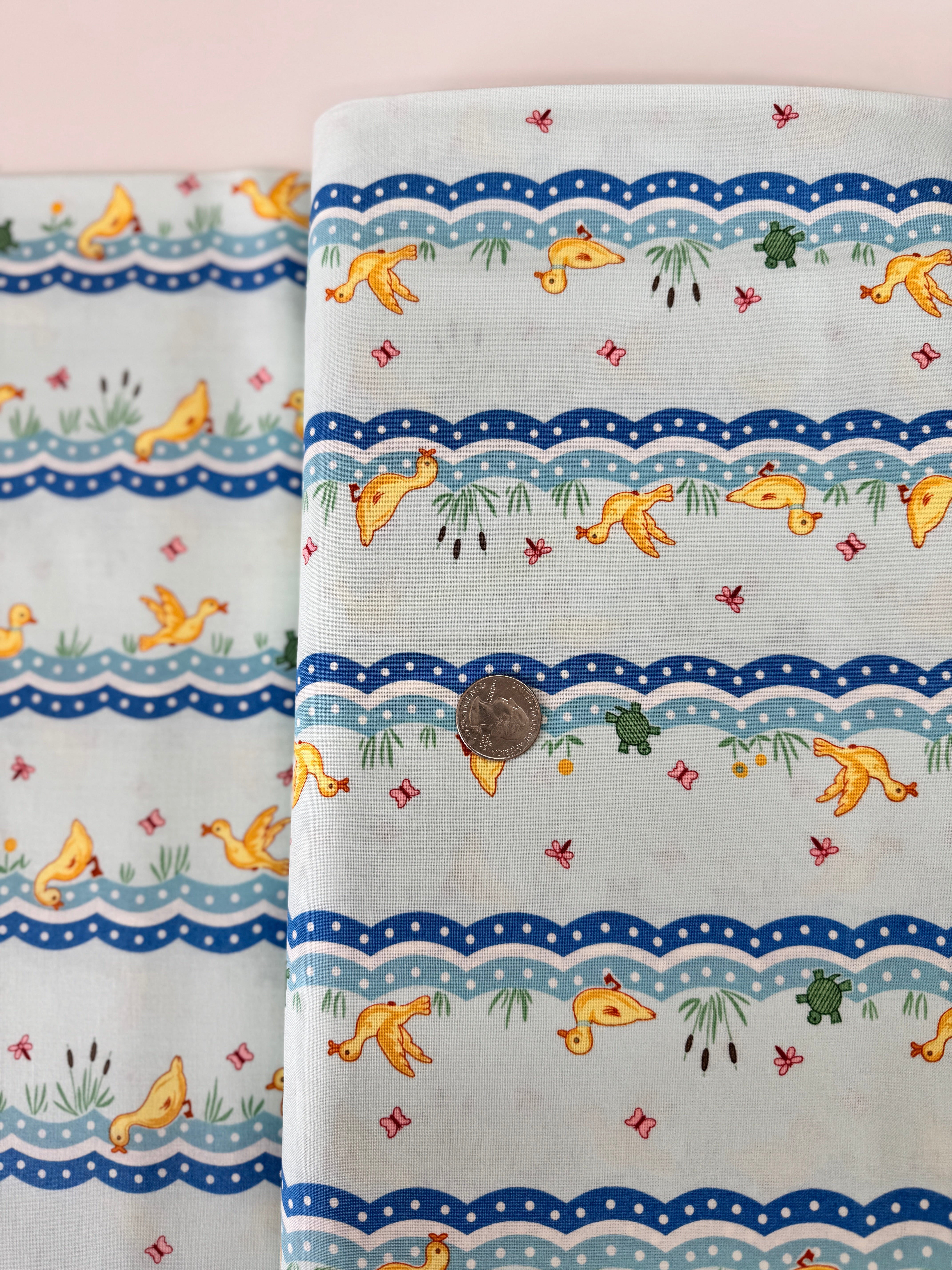 Animal Quackers Duck Stripe fabric by Maywood Studio – Kim’s Cause Collection, 100% cotton, yellow ducks on striped design.