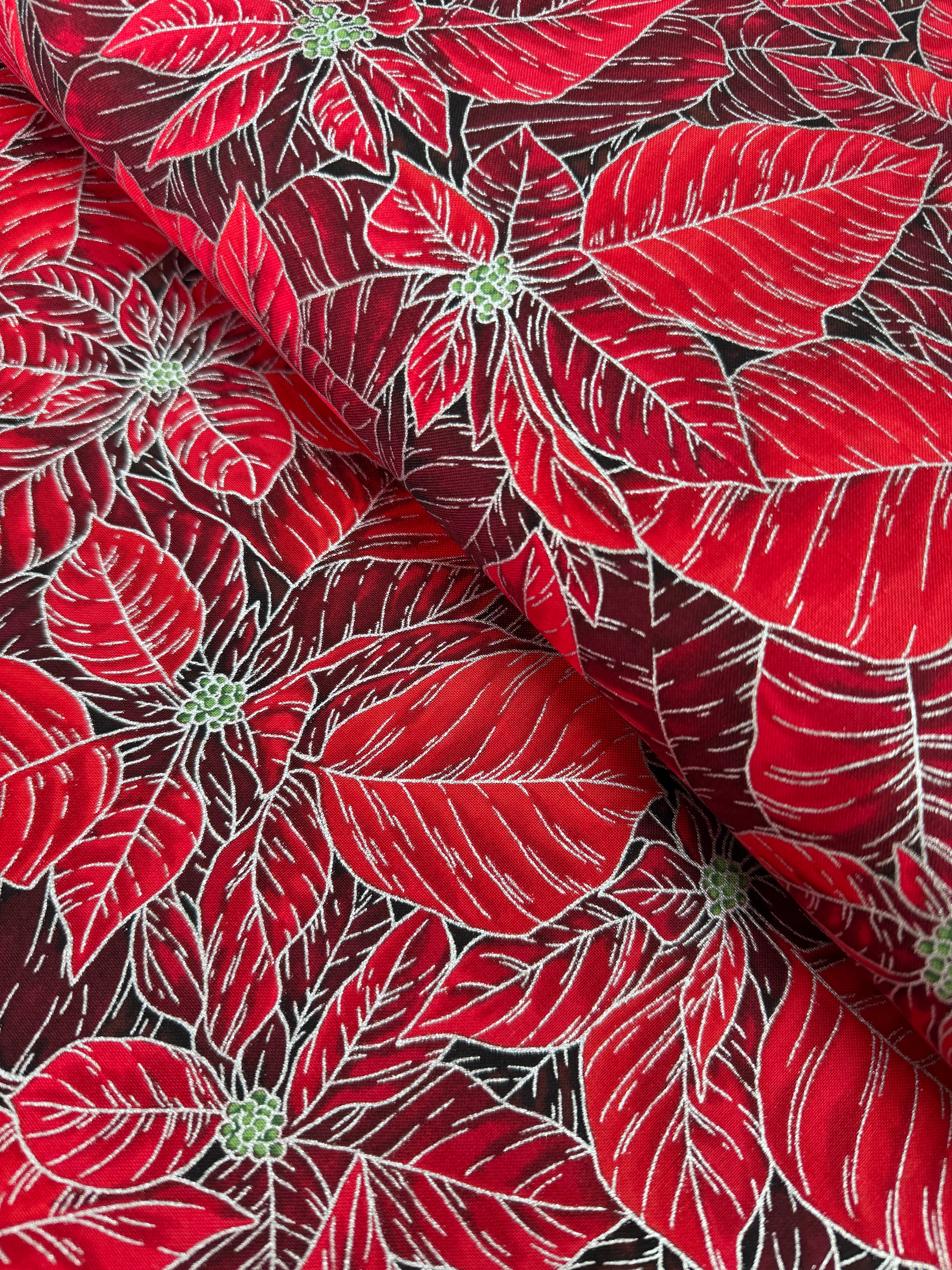 Holiday Flourish Snow Flower Poinsettias Scarlet Silver Metallic Fabric by Studio RK for Robert Kaufman