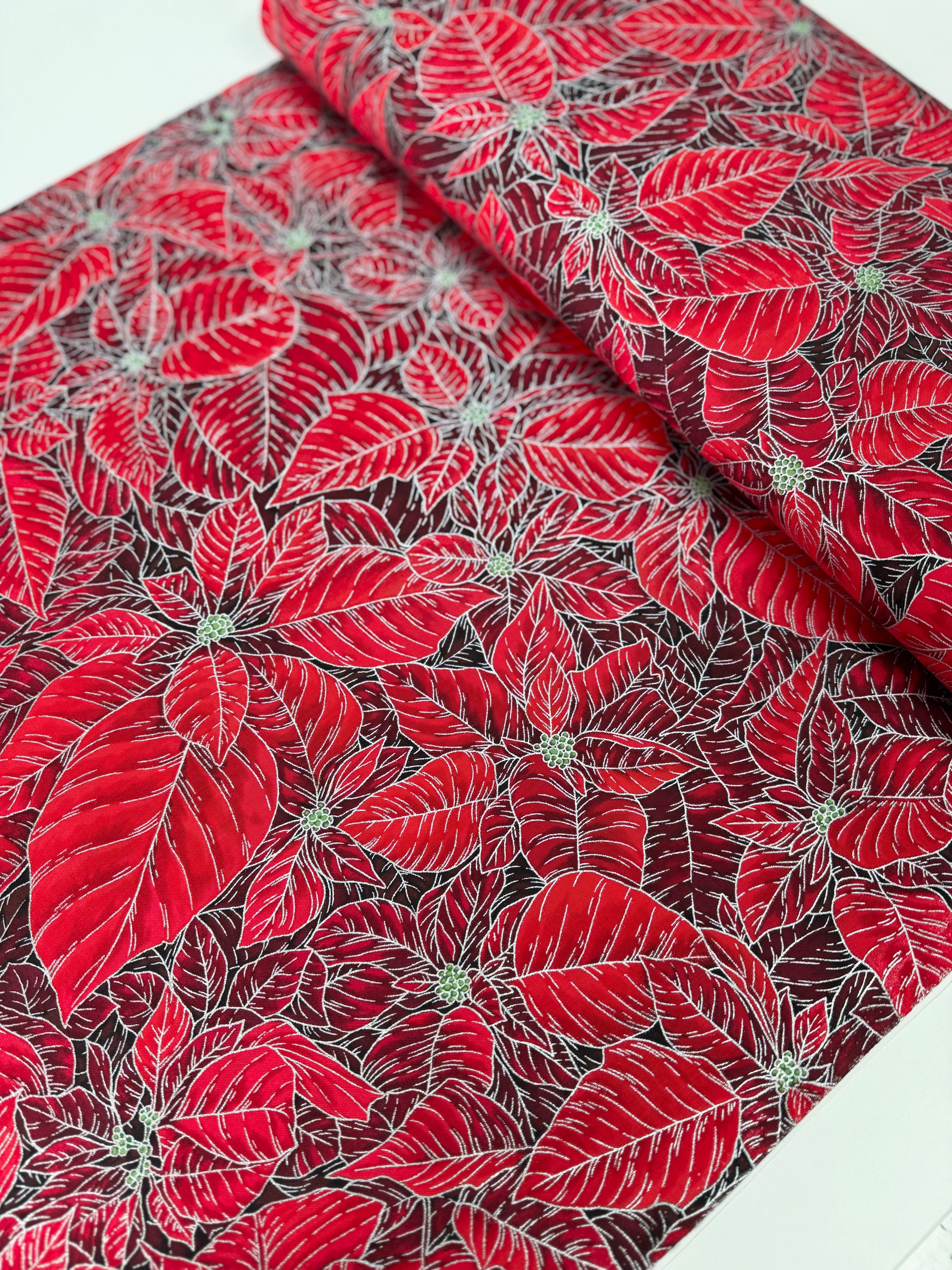 Holiday Flourish Snow Flower Poinsettias Scarlet Silver Metallic Fabric by Studio RK for Robert Kaufman