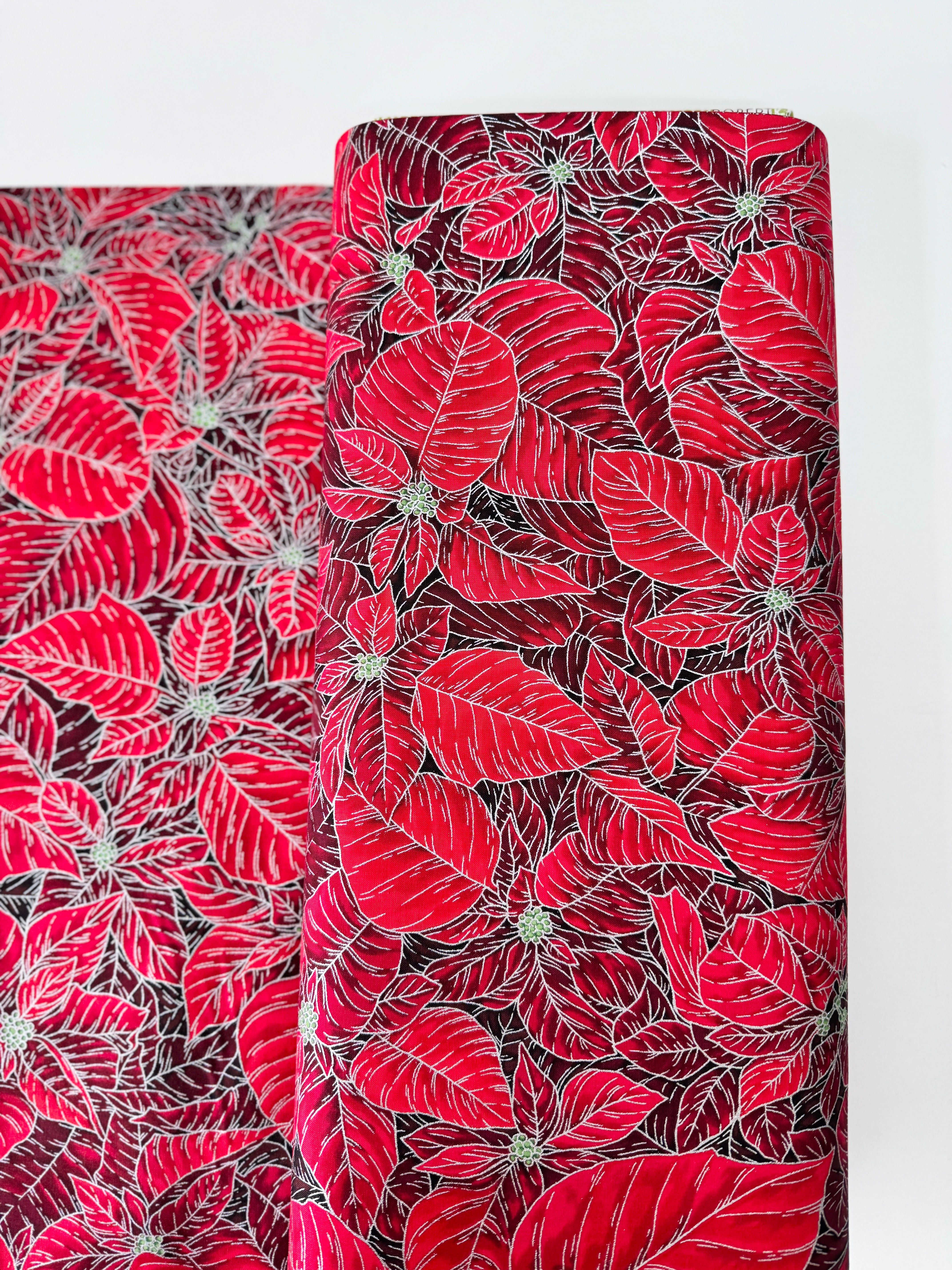 Holiday Flourish Snow Flower Poinsettias Scarlet Silver Metallic Fabric by Studio RK for Robert Kaufman
