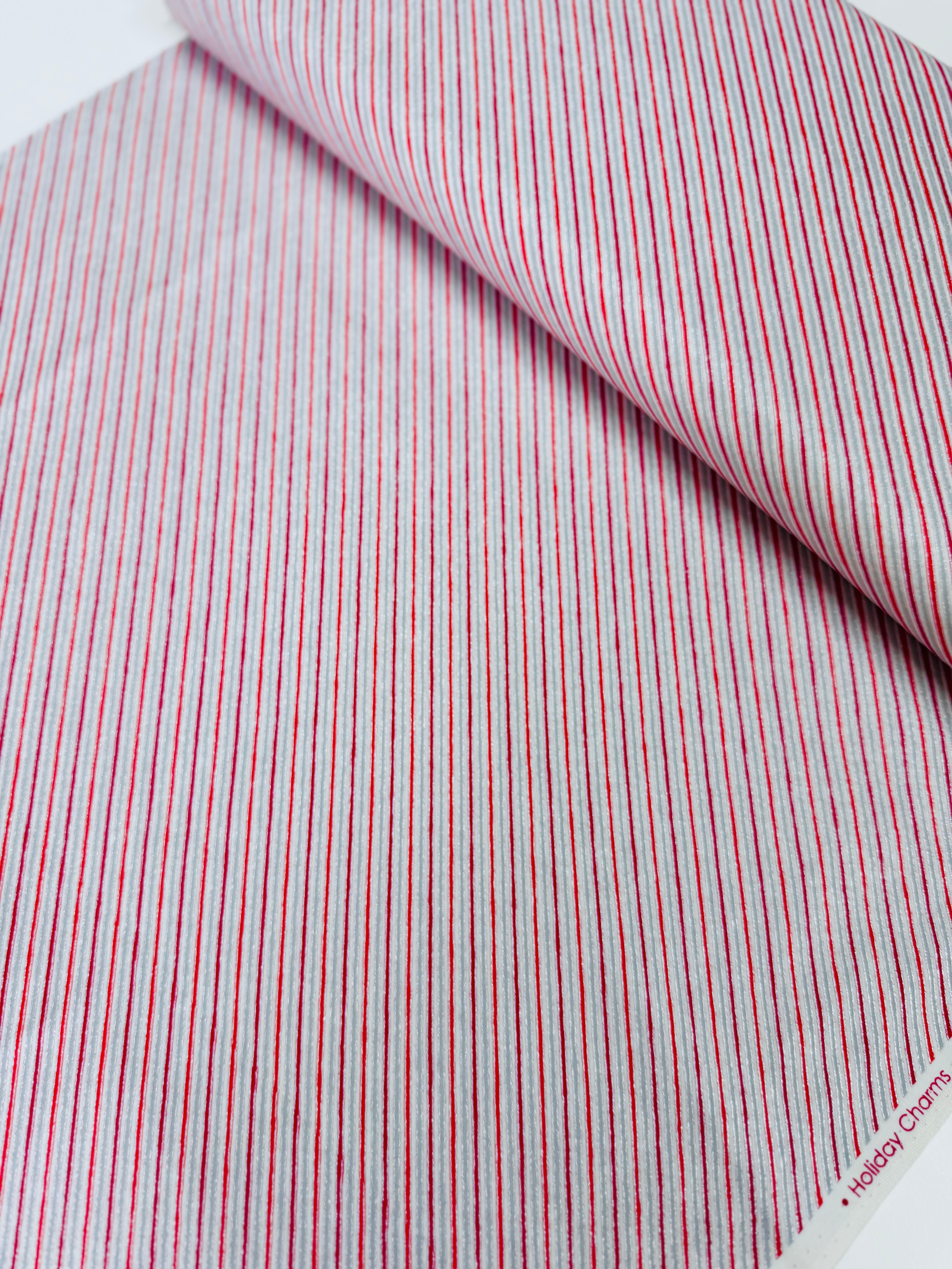 Holiday Charms Stripe Scarlet Silver Metallic Fabric by Studio RK for Robert Kaufman