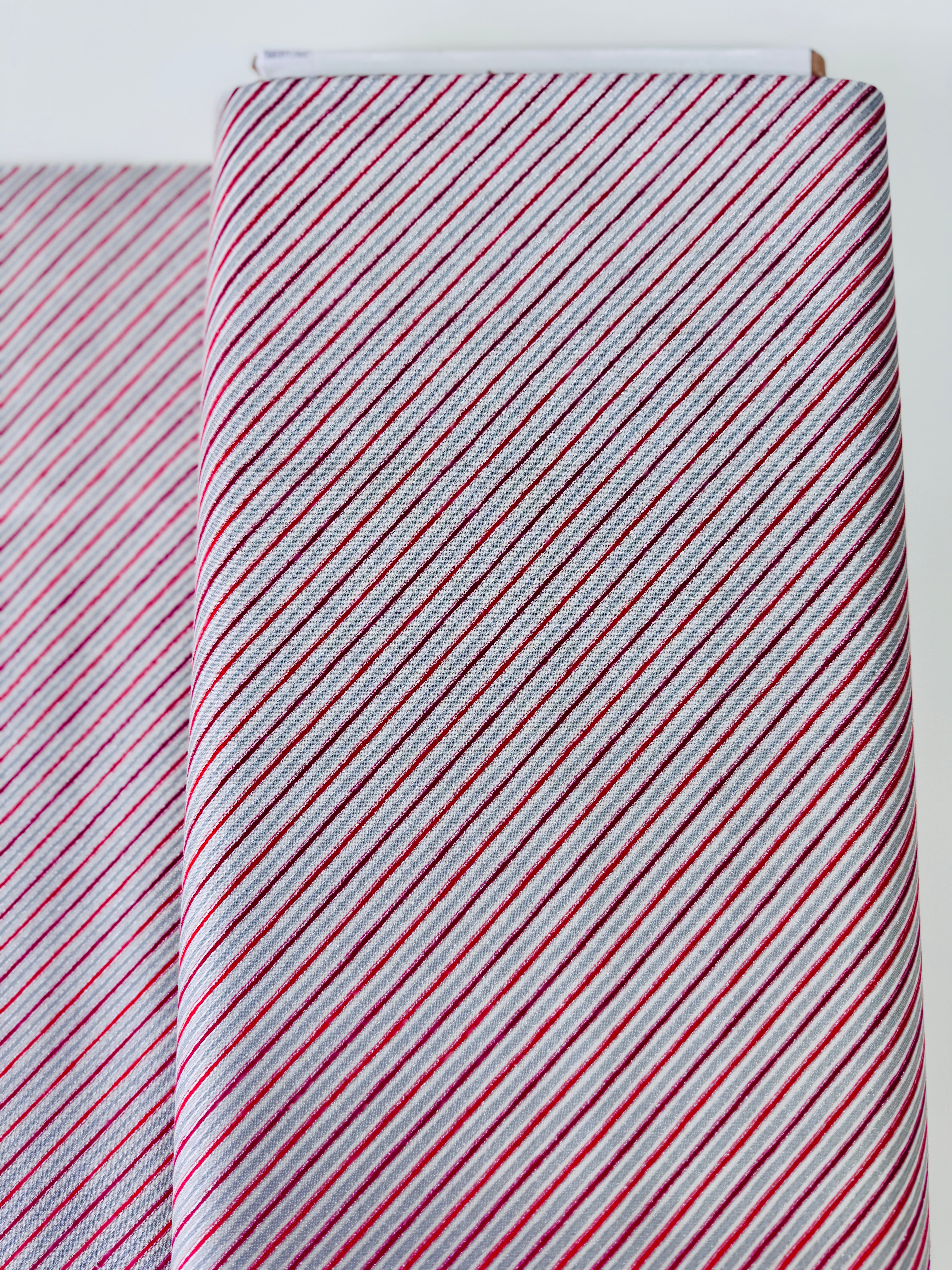 Holiday Charms Stripe Scarlet Silver Metallic Fabric by Studio RK for Robert Kaufman