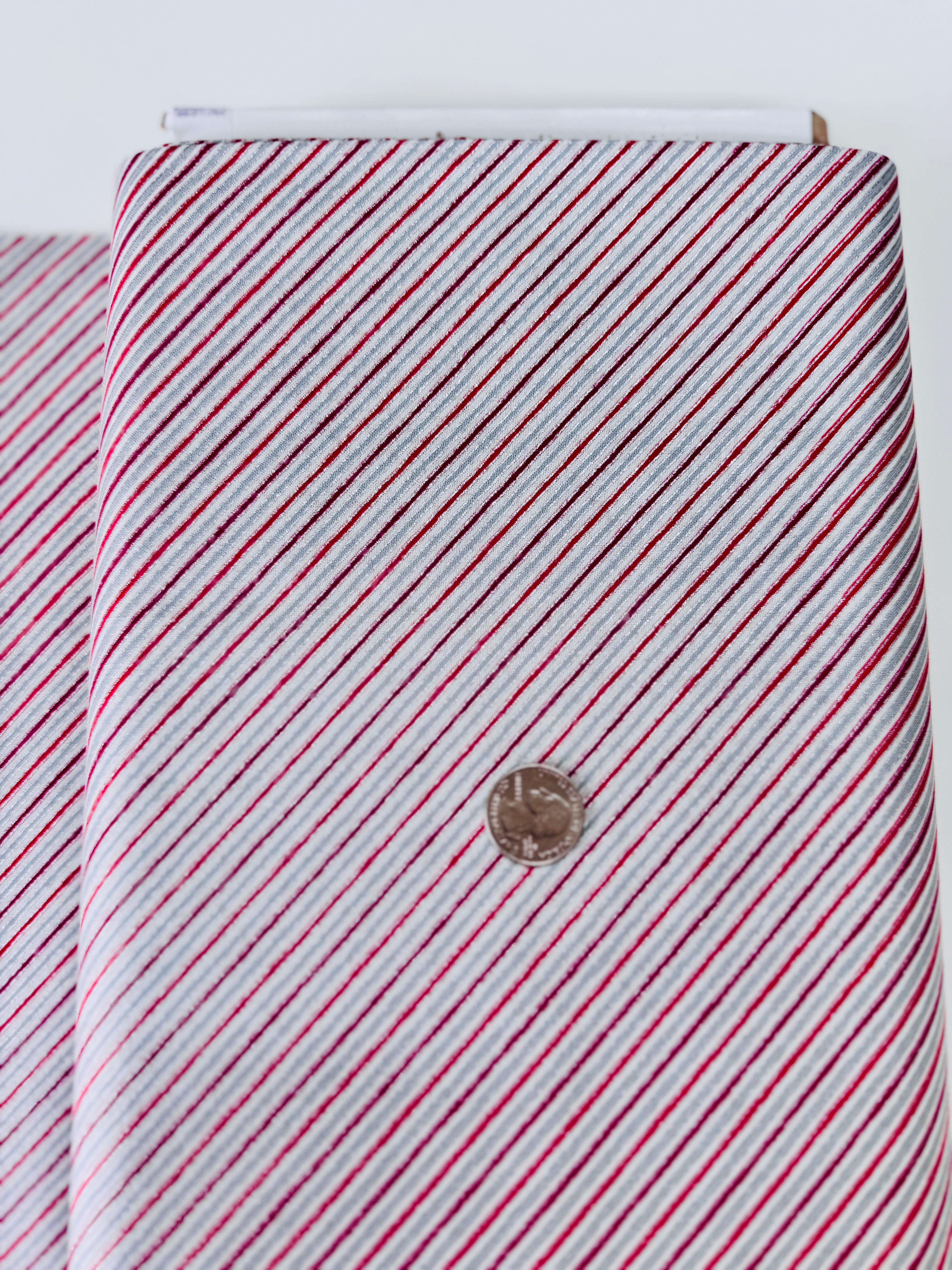 Holiday Charms Stripe Scarlet Silver Metallic Fabric by Studio RK for Robert Kaufman