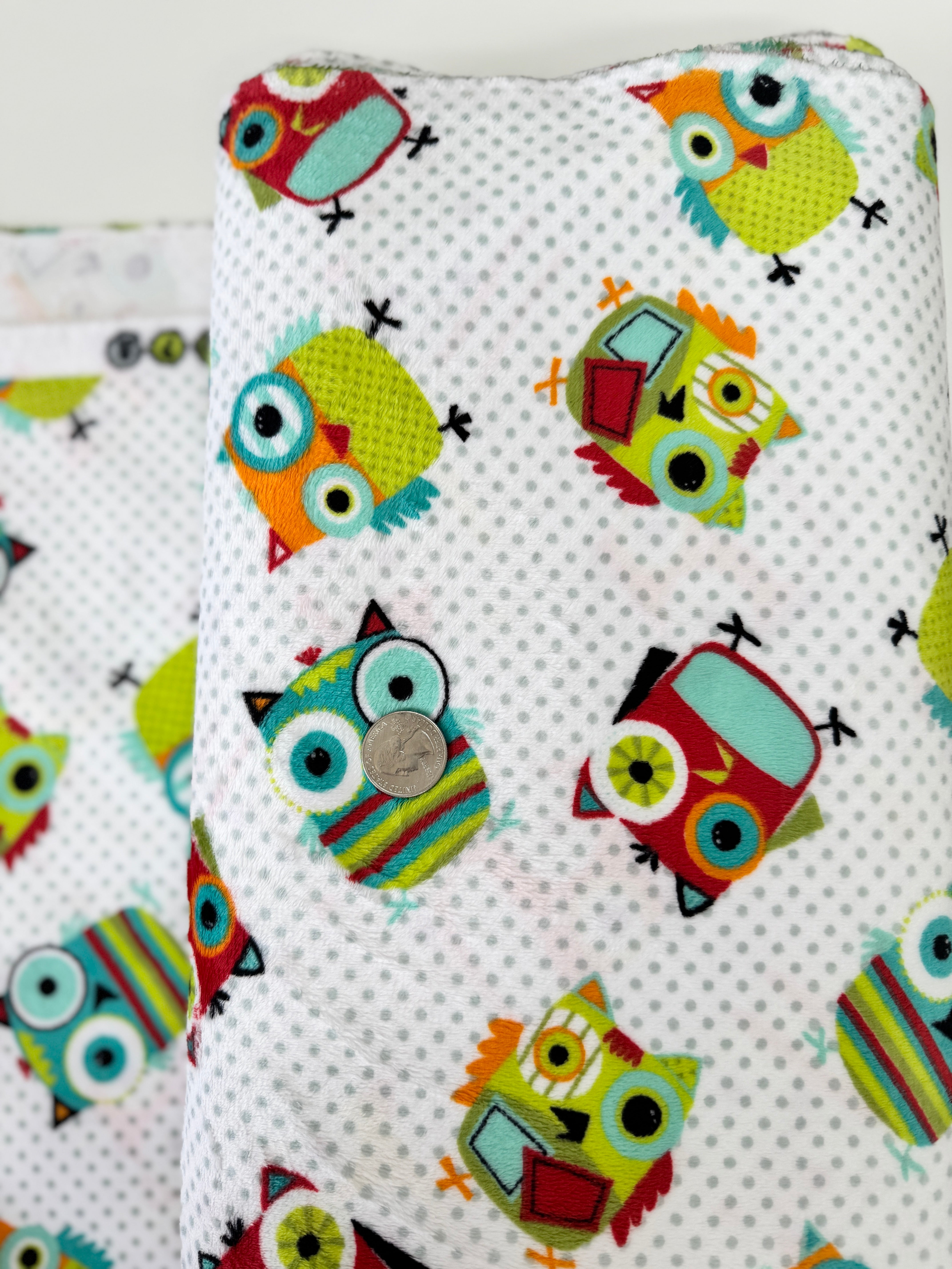 Hooty Cuddle Snow minky fabric by Shannon Fabrics with whimsical owls on snowy white background.