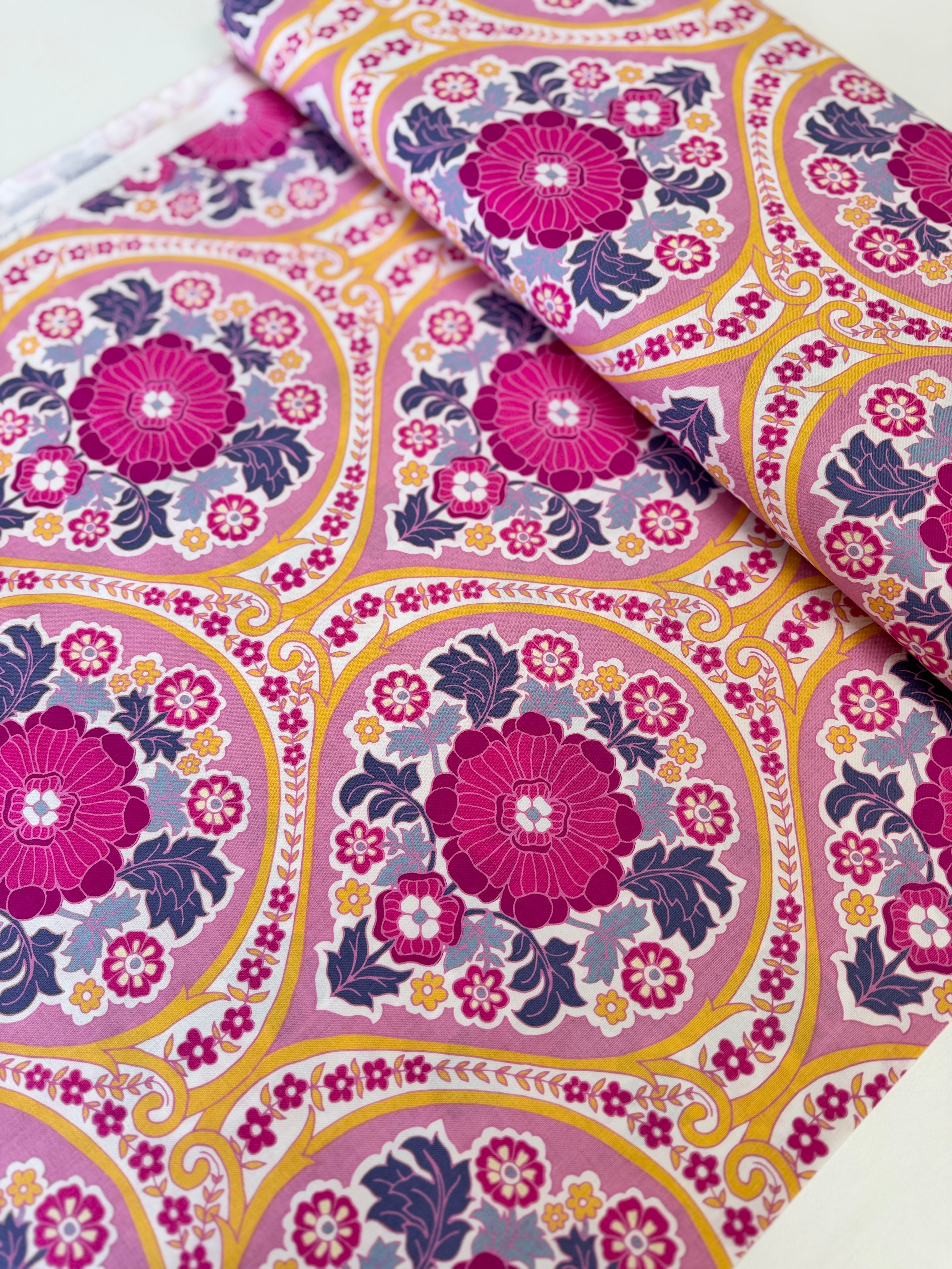 Atrium – Grace Fuchsia fabric by Joel Dewberry for FreeSpirit featuring a modern floral medallion print in vibrant fuchsia tones.