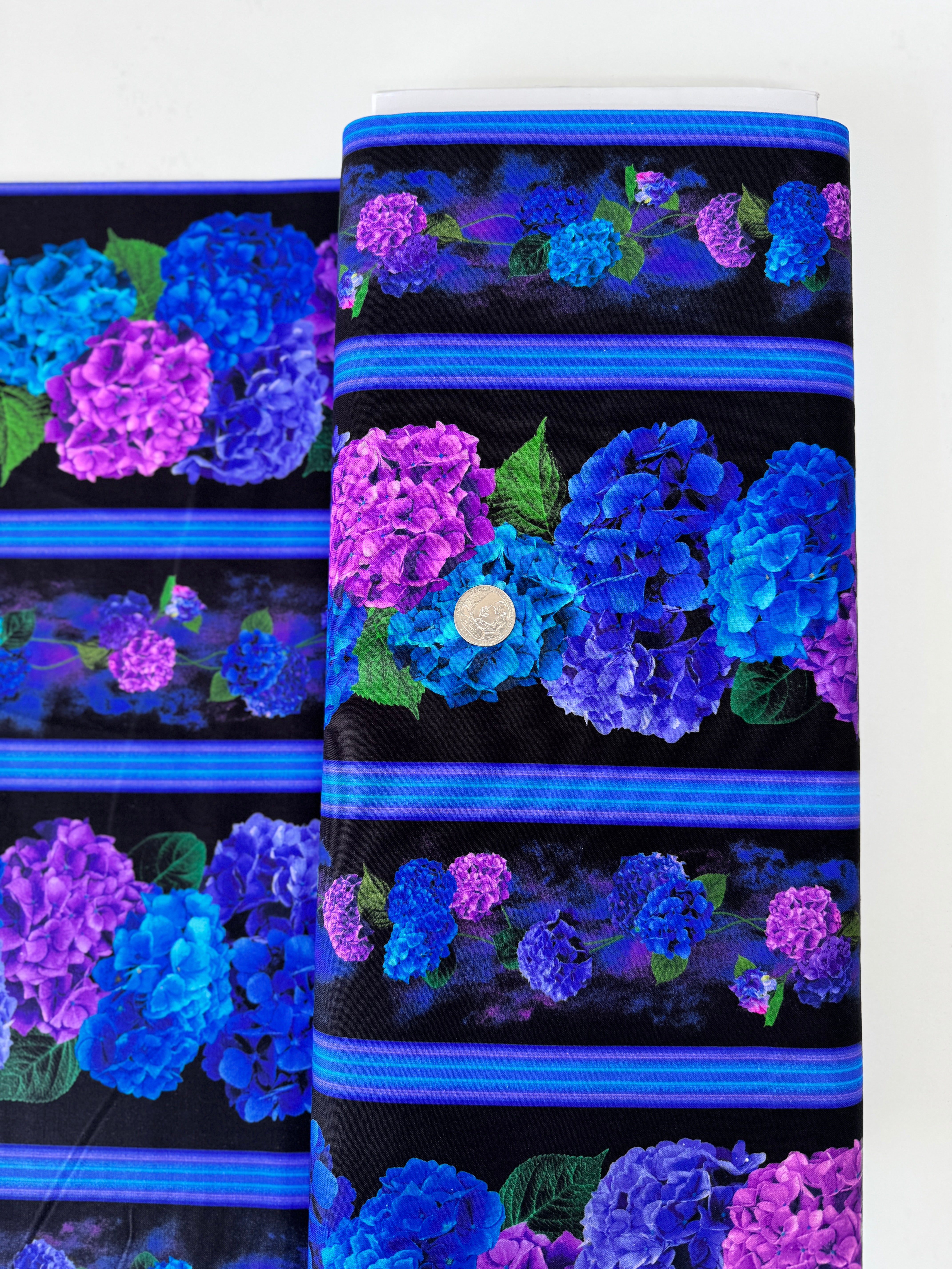 Midnight Bloom - Hydrangea Floral 11 inch Stripe Yardage
