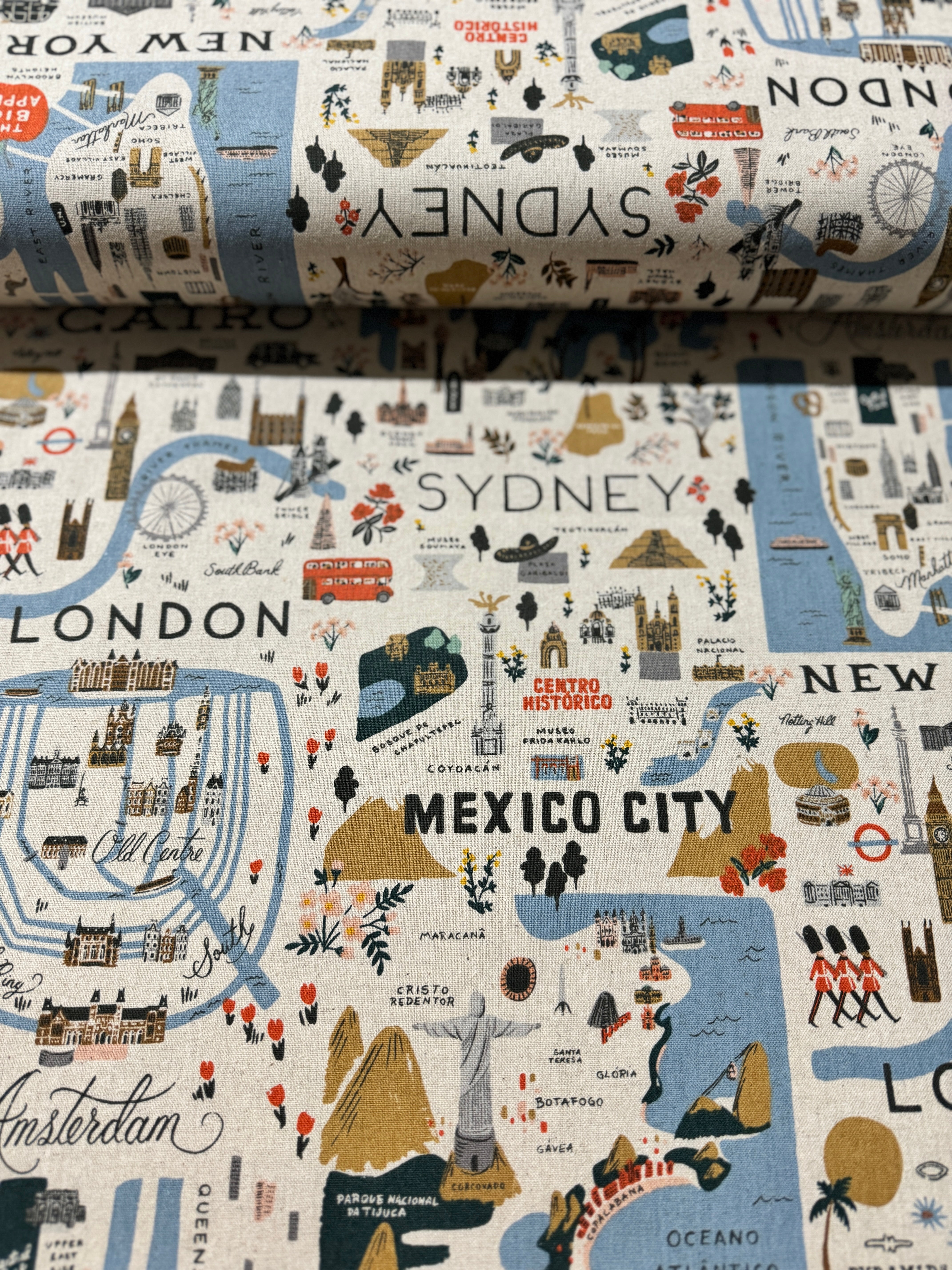 Bon Voyage City Guide Natural Canvas fabric by Rifle Paper Co. for Cotton + Steel – travel map and icons on unbleached cotton/linen.