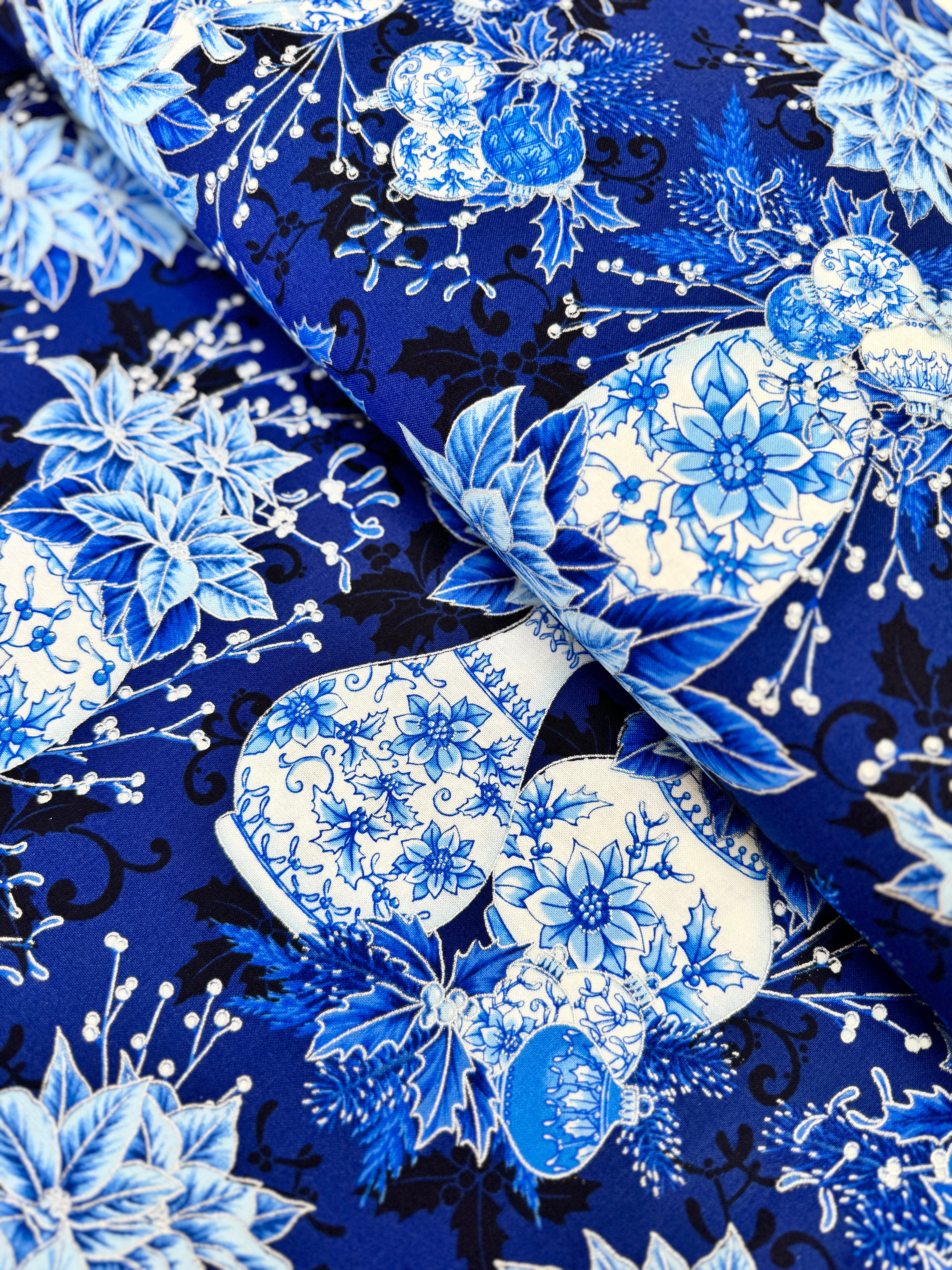Holiday Flourish - Festive Finery - Vases Navy Silver Yardage