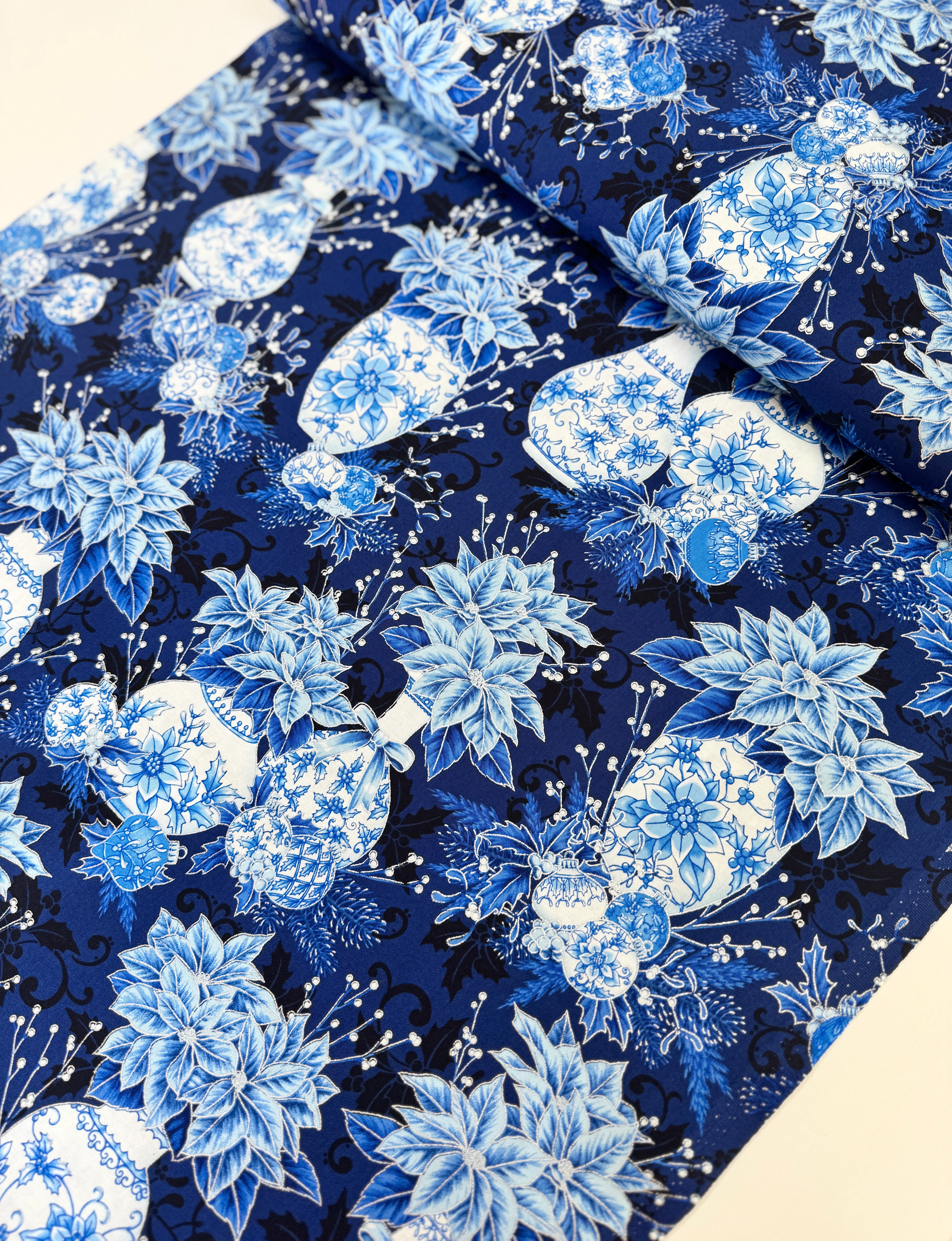 Holiday Flourish - Festive Finery - Vases Navy Silver Yardage