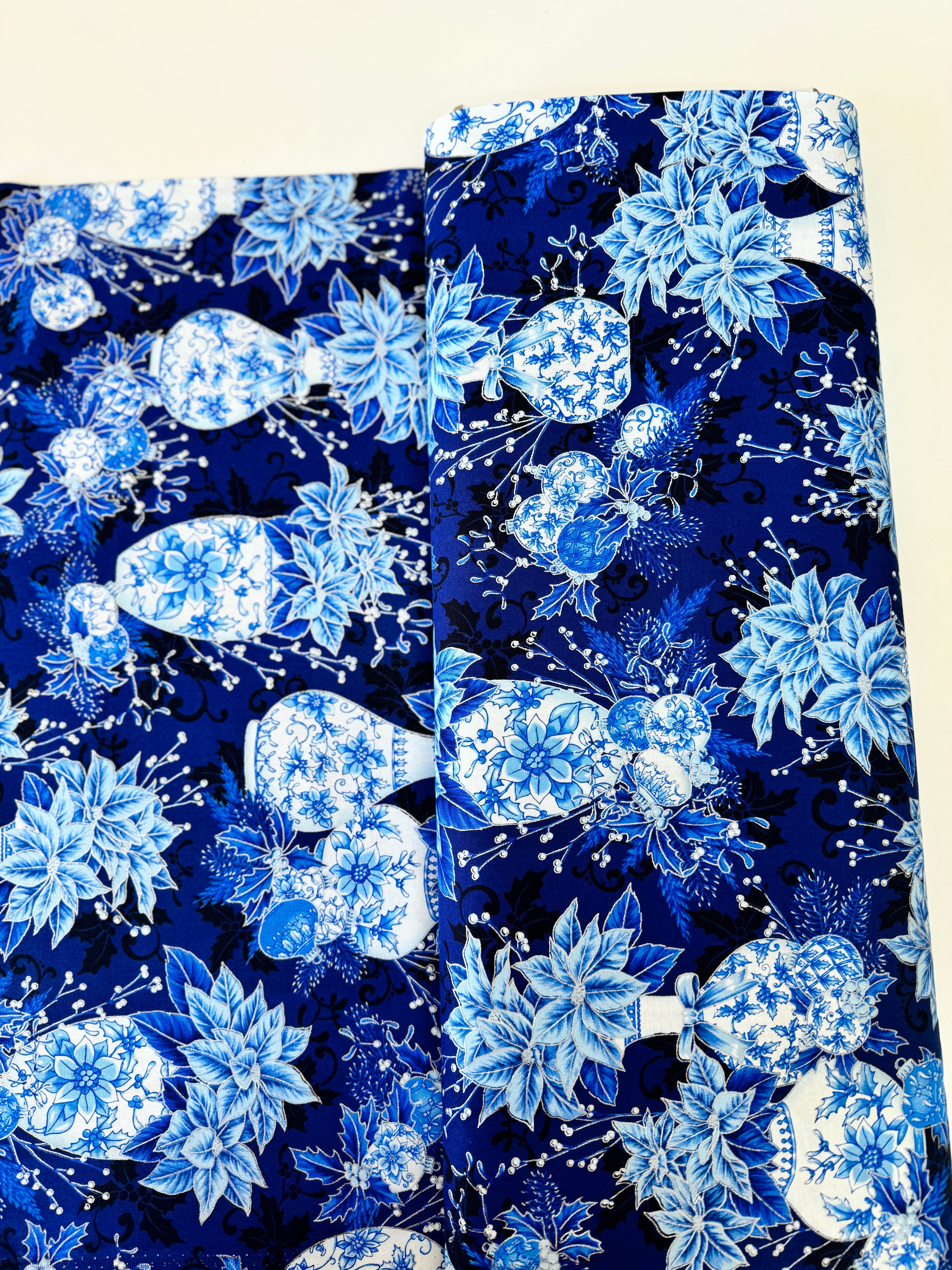 Holiday Flourish - Festive Finery - Vases Navy Silver Yardage