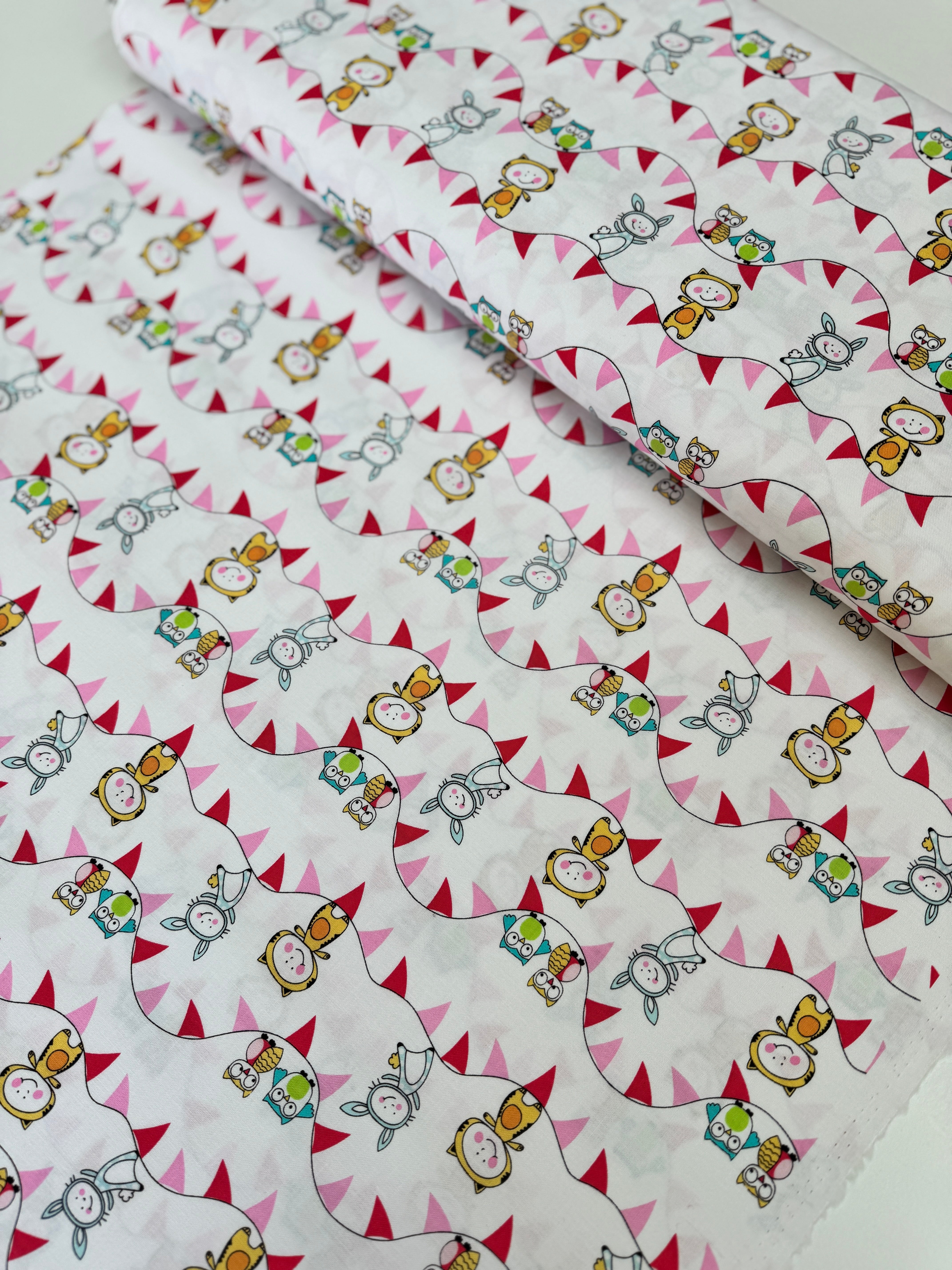 Let’s Play Field Day Candy Fabric by Michael Miller Fabrics – cute animal and bunting design on white 100% cotton quilting fabric