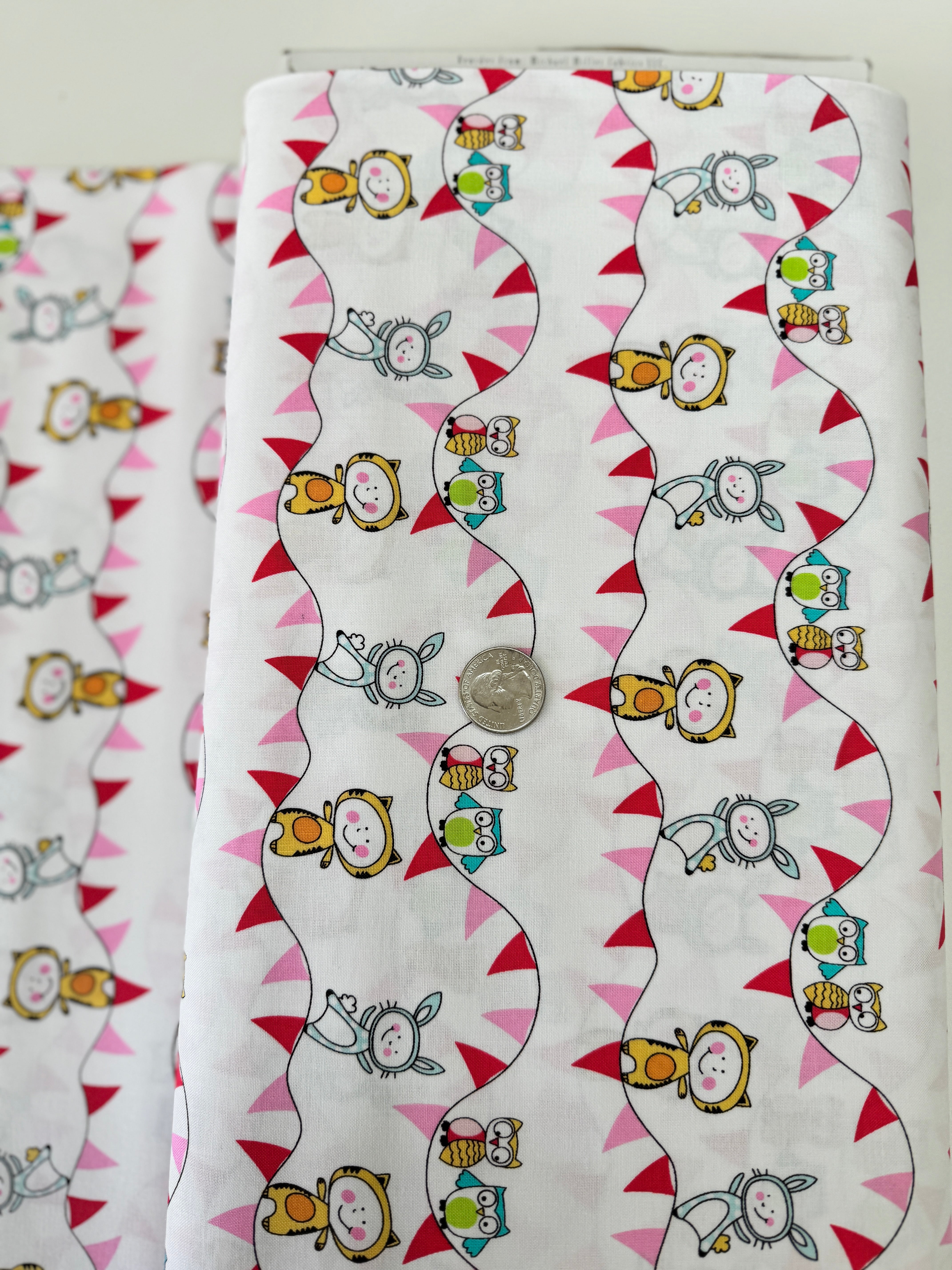 Let’s Play Field Day Candy Fabric by Michael Miller Fabrics – cute animal and bunting design on white 100% cotton quilting fabric