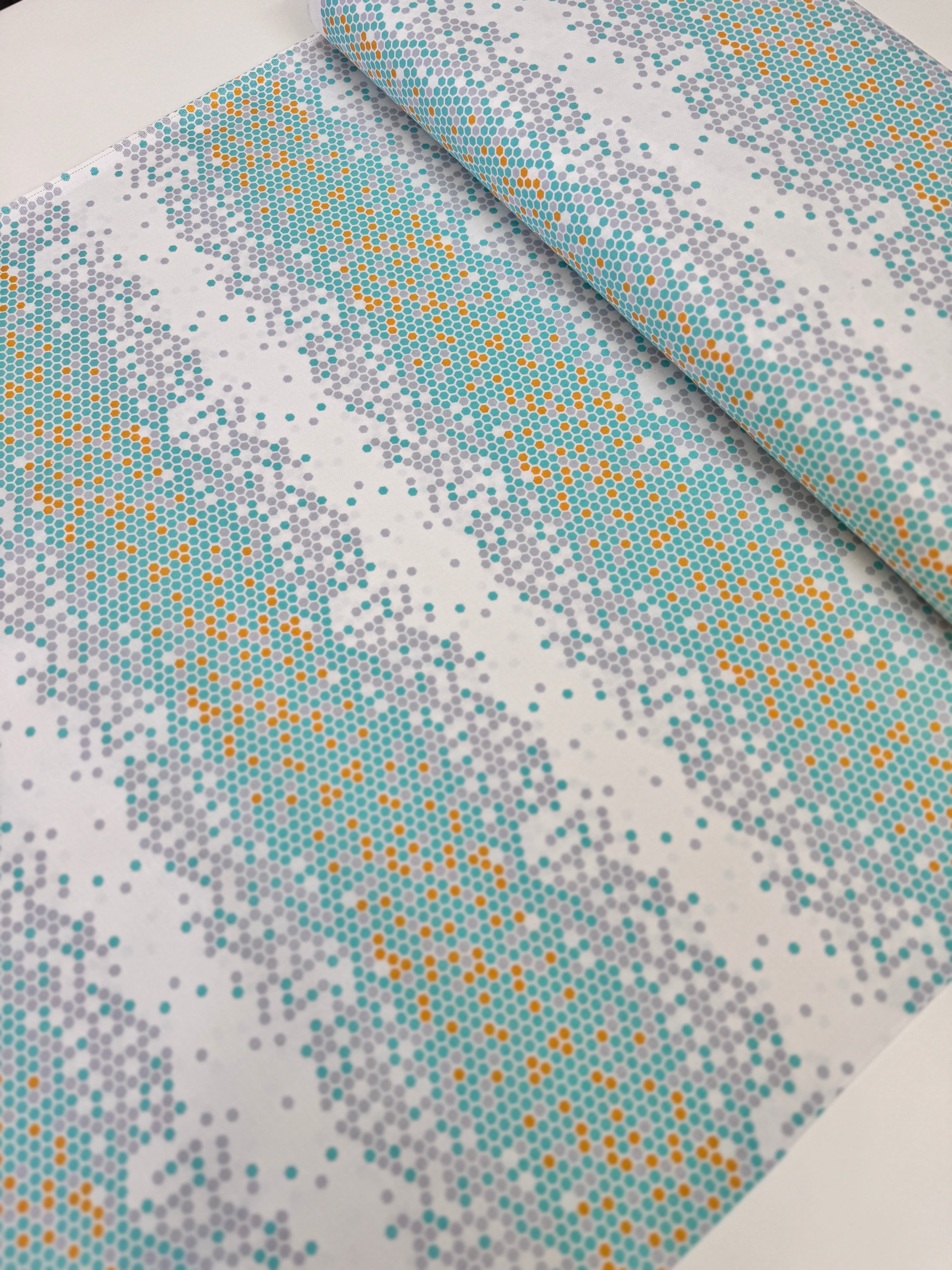 Atrium - Hexapoint Mint Fabric by Joel Dewberry for Free Spirit Fabrics featuring mint, gray, and yellow hexagonal geometric pattern on white background.