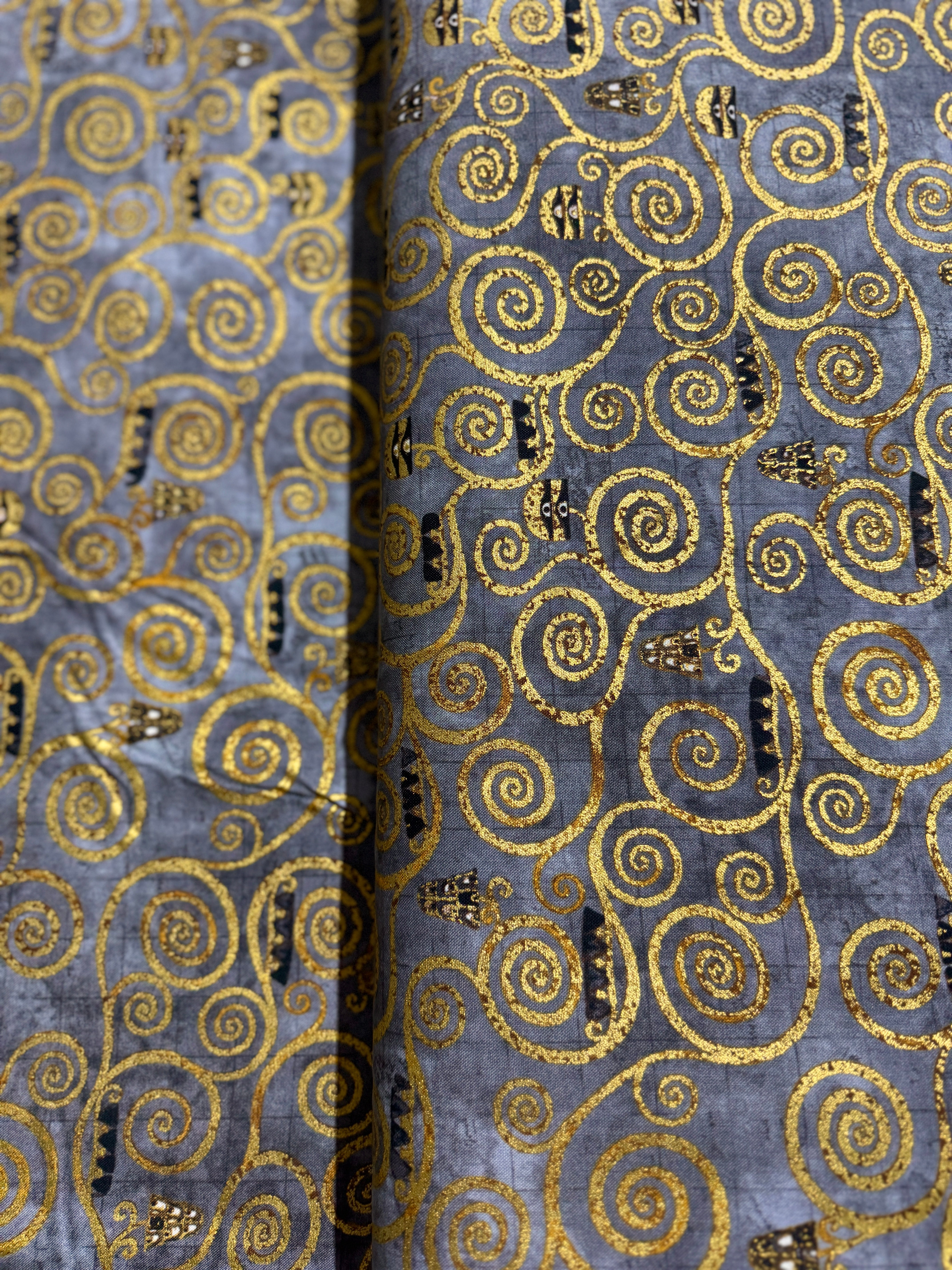 Gustav Klimt - Swirls Charcoal Gold Metallic Yardage