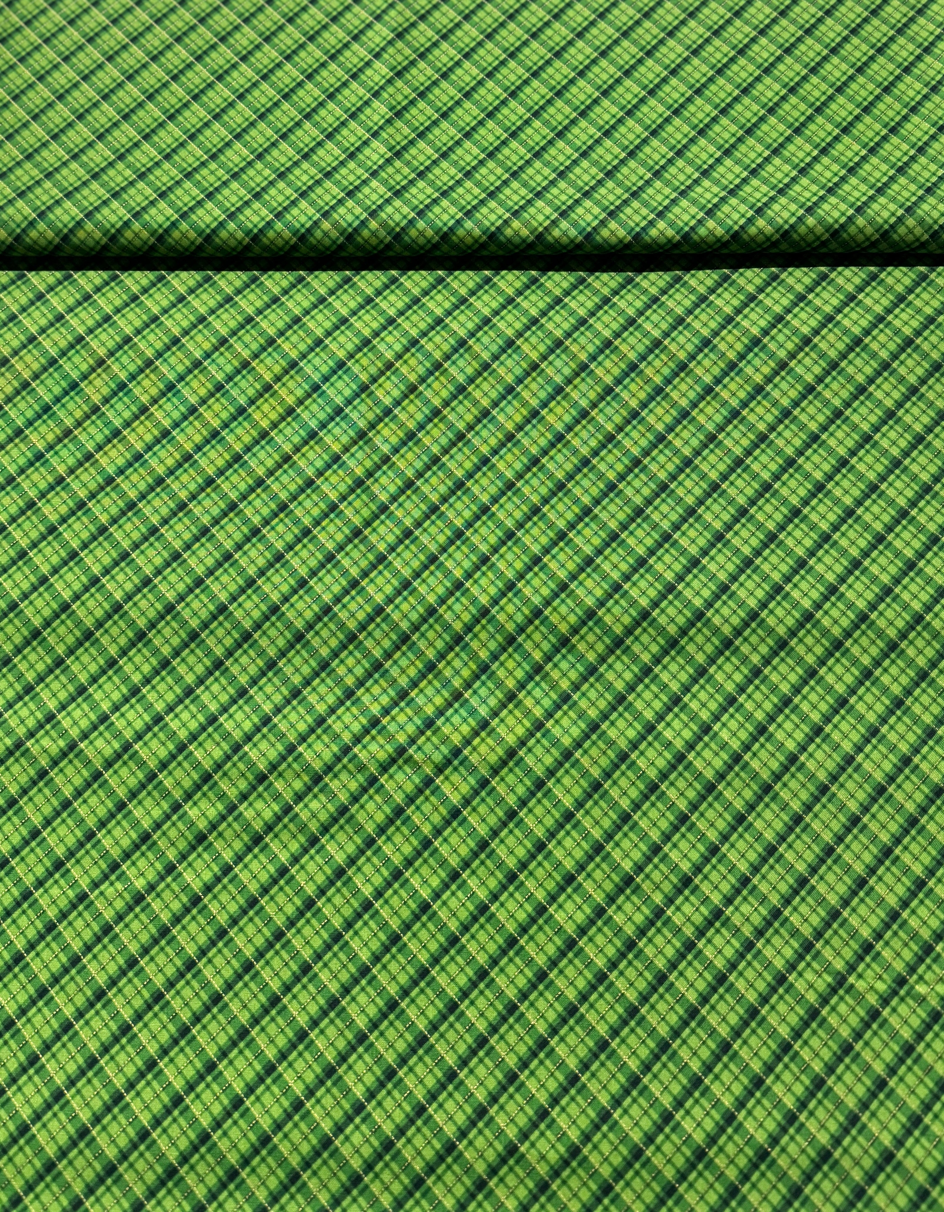 Holiday Charms - Plaid Green Gold Metallic Yardage