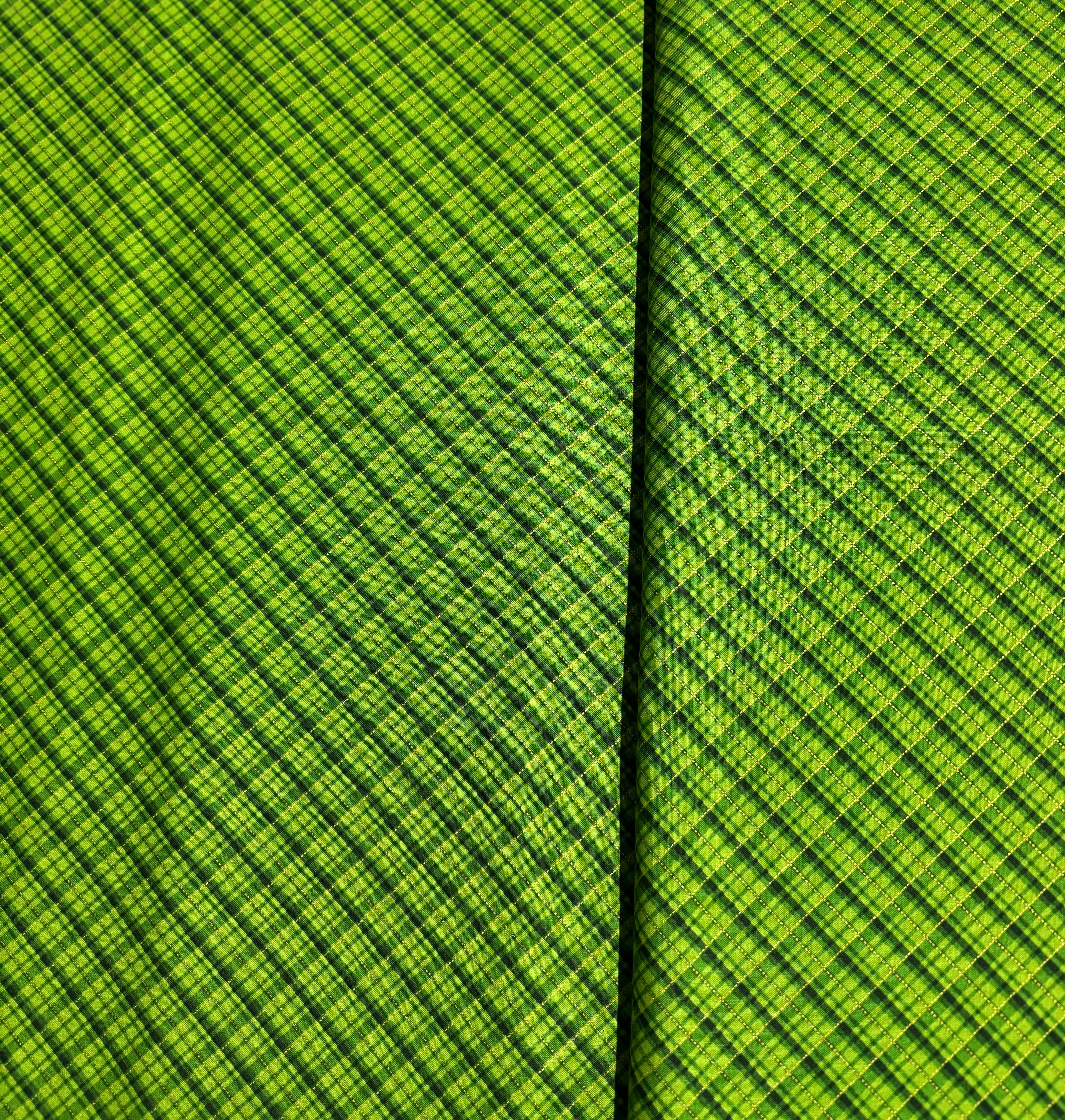 Holiday Charms - Plaid Green Gold Metallic Yardage