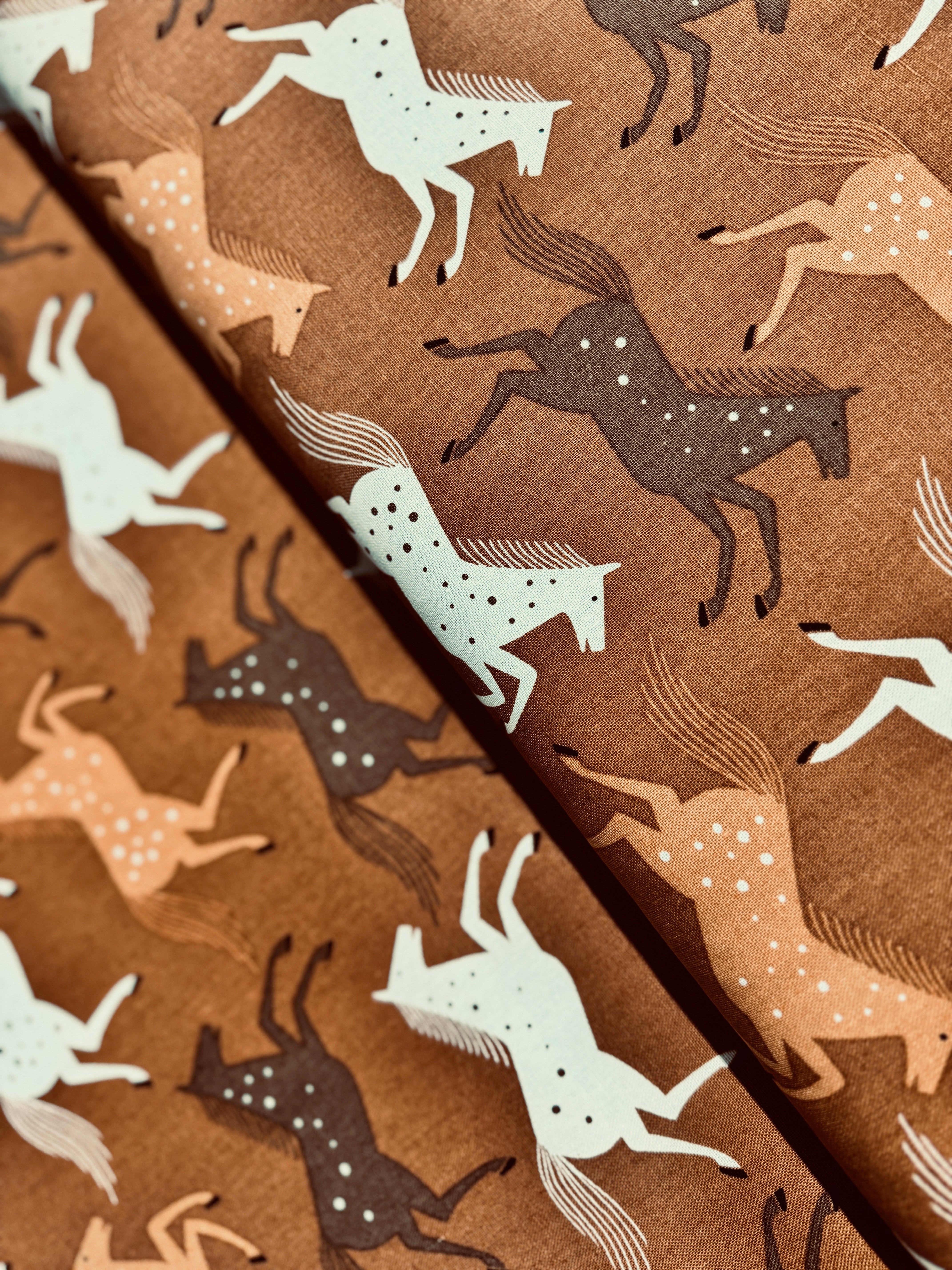Wild Horses Delightful Golden Canvas Fabric – horse print by Loes Van Oosten from Wild & Free for Cotton + Steel.