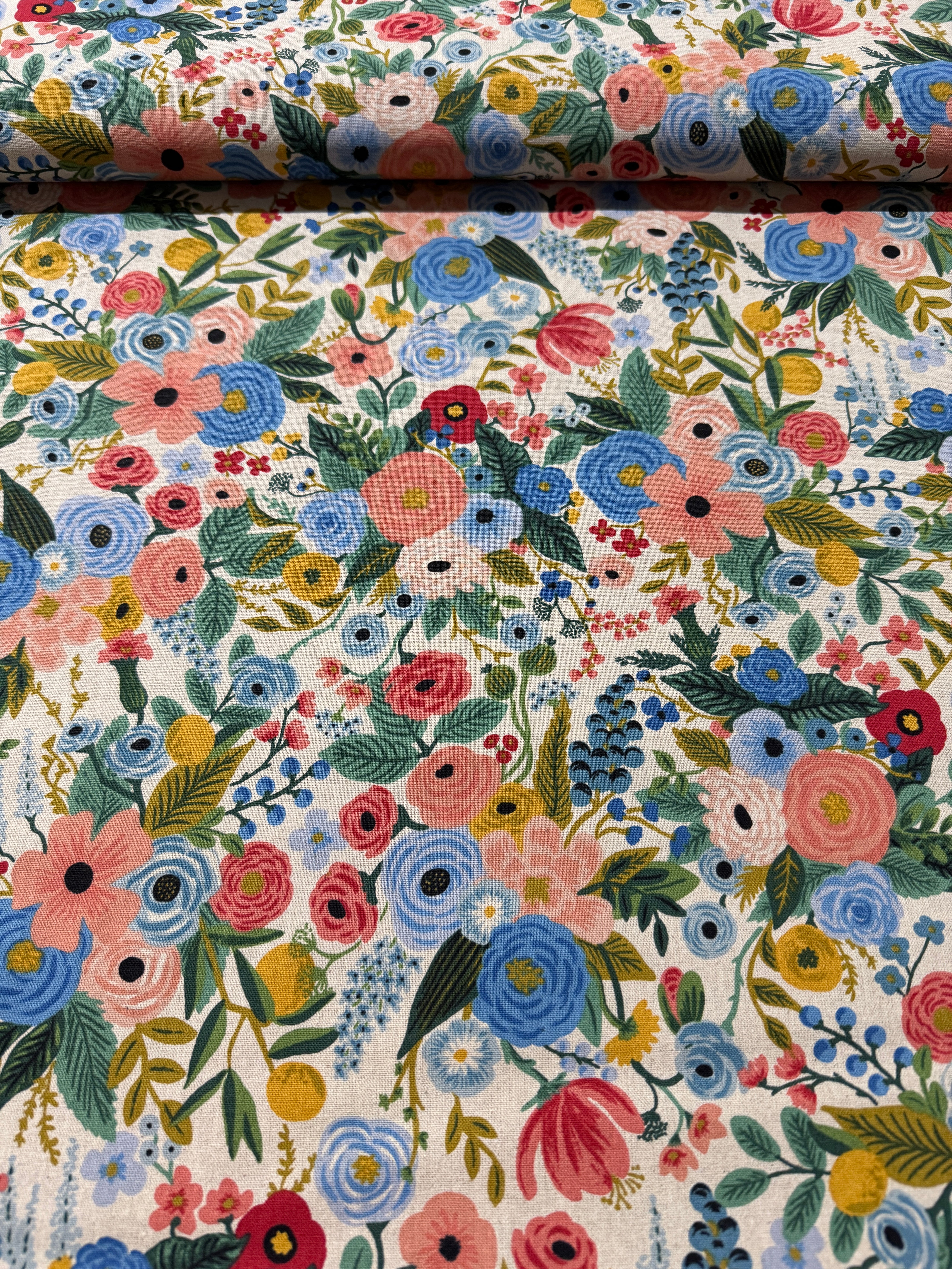Garden Party Blue canvas fabric by Rifle Paper Co. – floral cotton-linen blend from the Wildwood collection for Cotton + Steel.