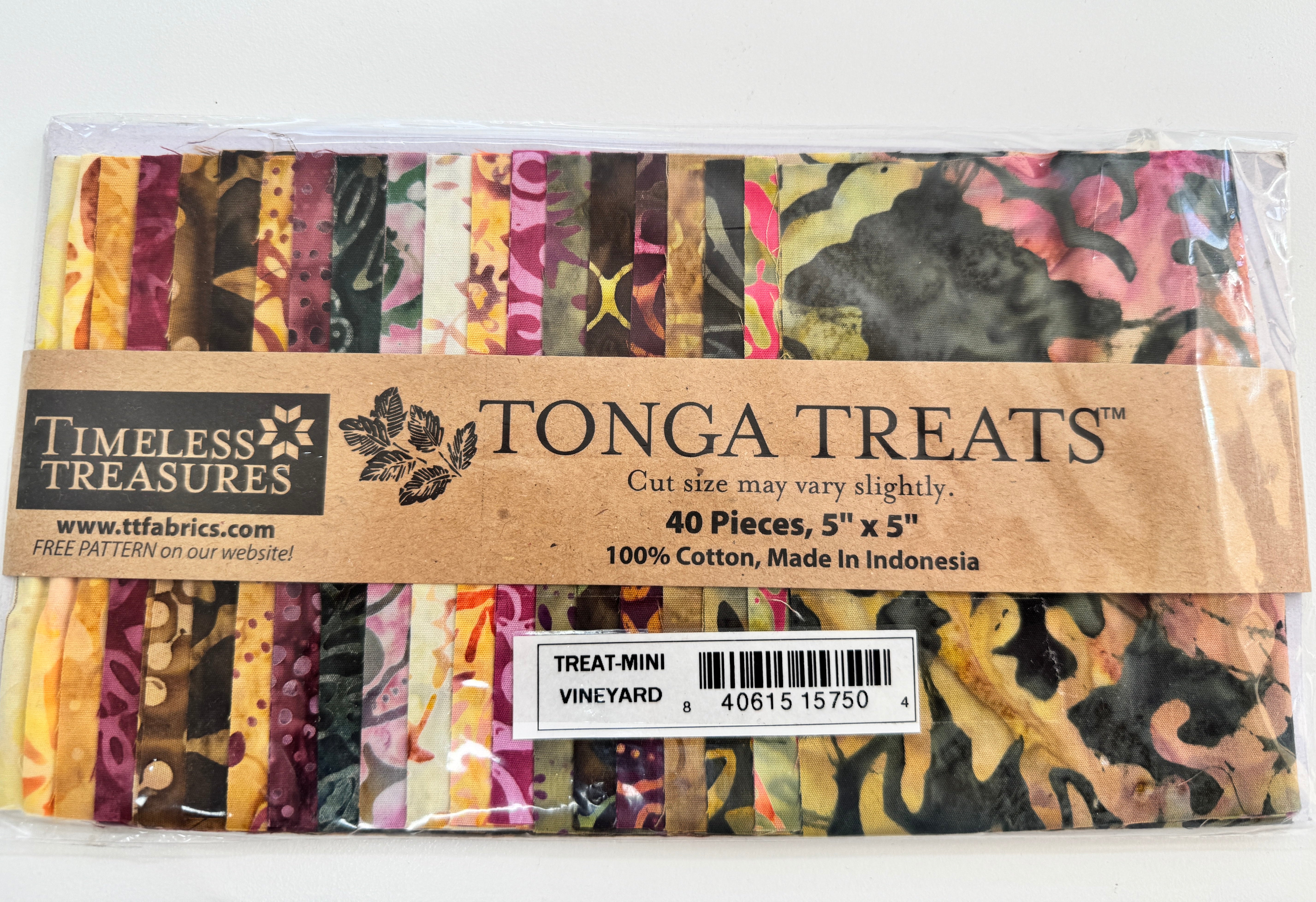 Tonga Treats Vineyard batiks charm pack with 40 coordinating 5 inch precut fabric squares