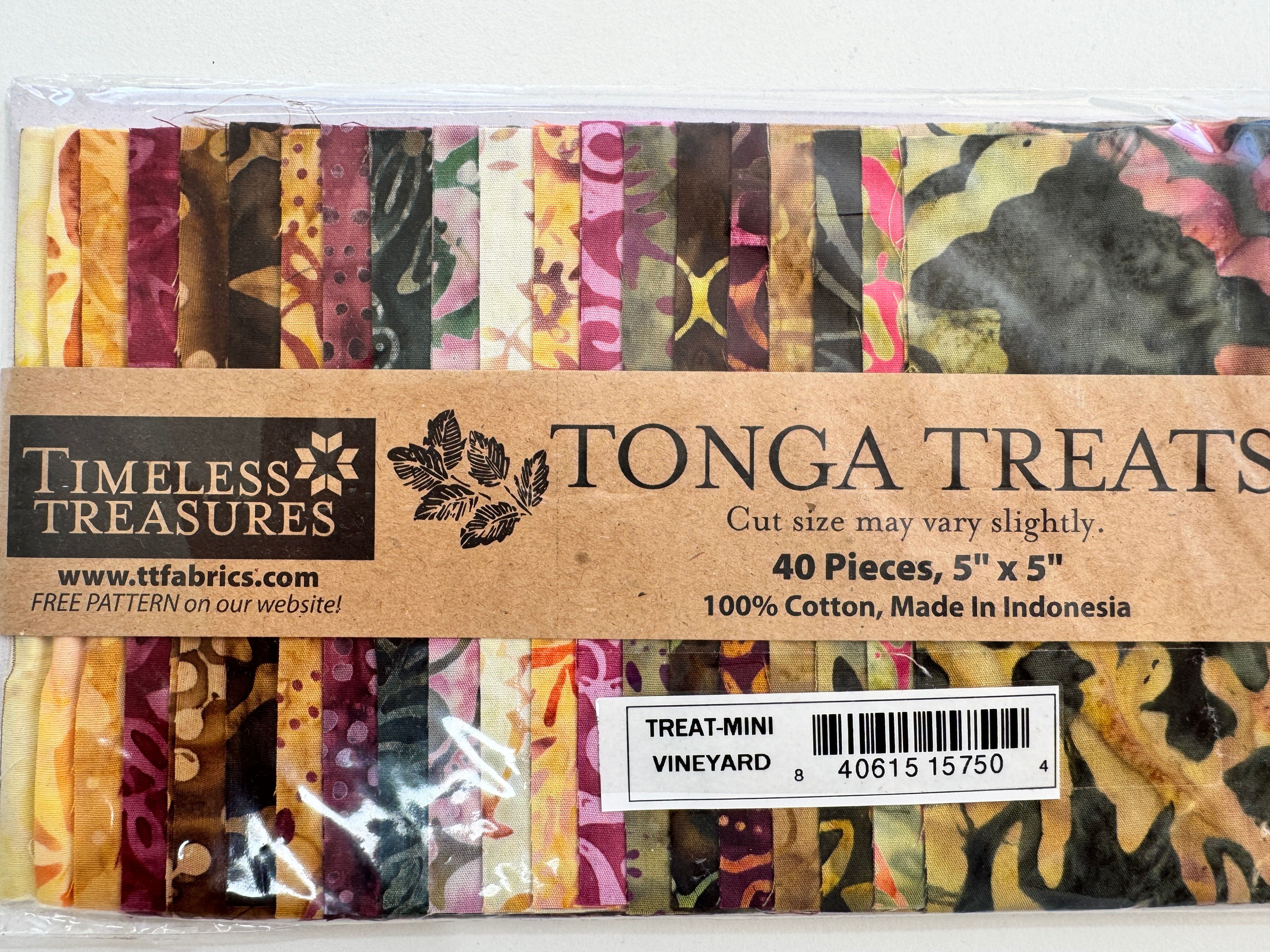 Tonga Treats Vineyard batiks charm pack with 40 coordinating 5 inch precut fabric squares