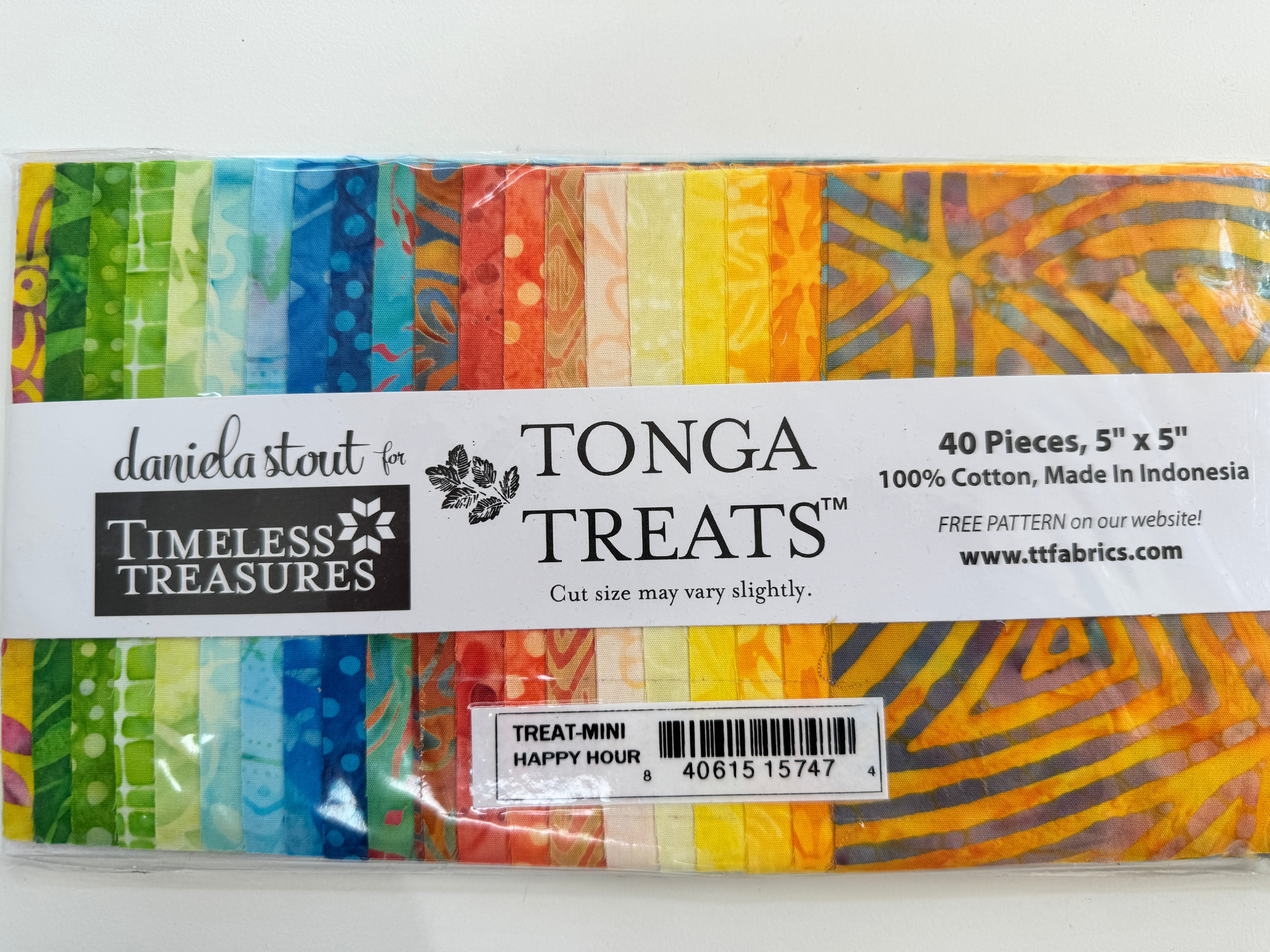 Tonga Treats Happy Hour batik charm pack with 40 coordinating 5 inch precut fabric squares