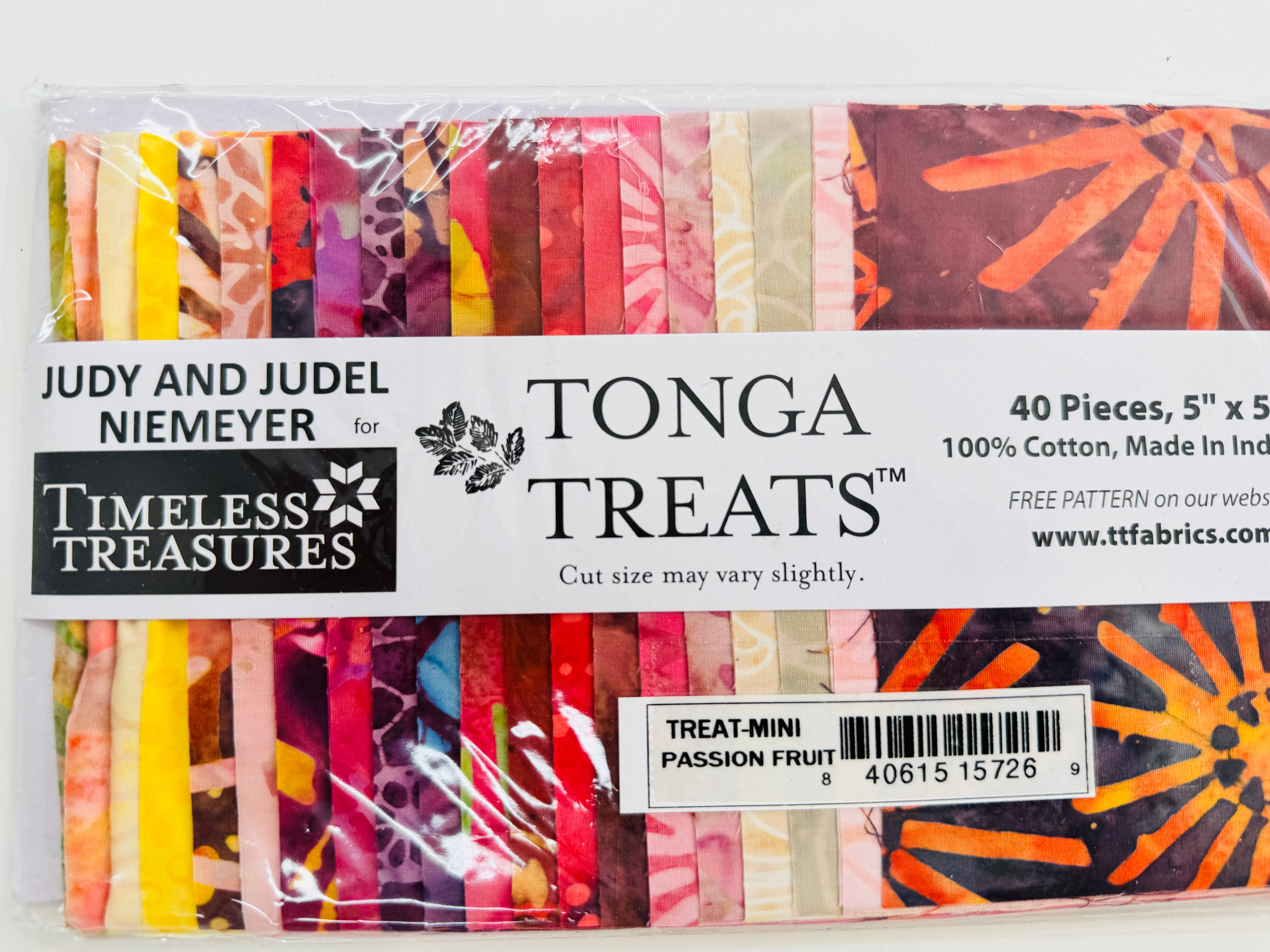 Tonga Treat Passion Fruit batik charm pack with 40 coordinating 5 inch precut fabric squares