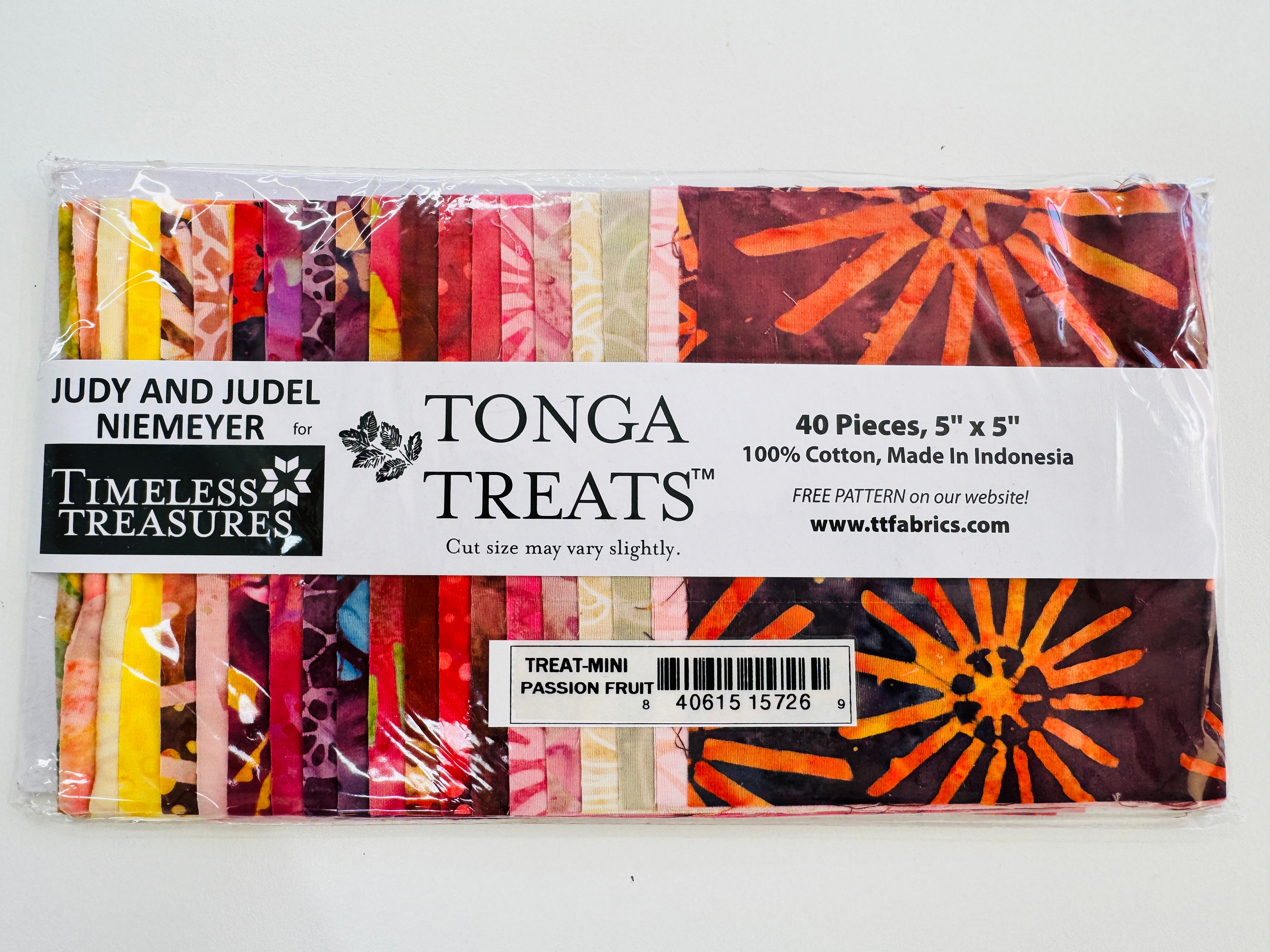 Tonga Treat Passion Fruit batik charm pack with 40 coordinating 5 inch precut fabric squares