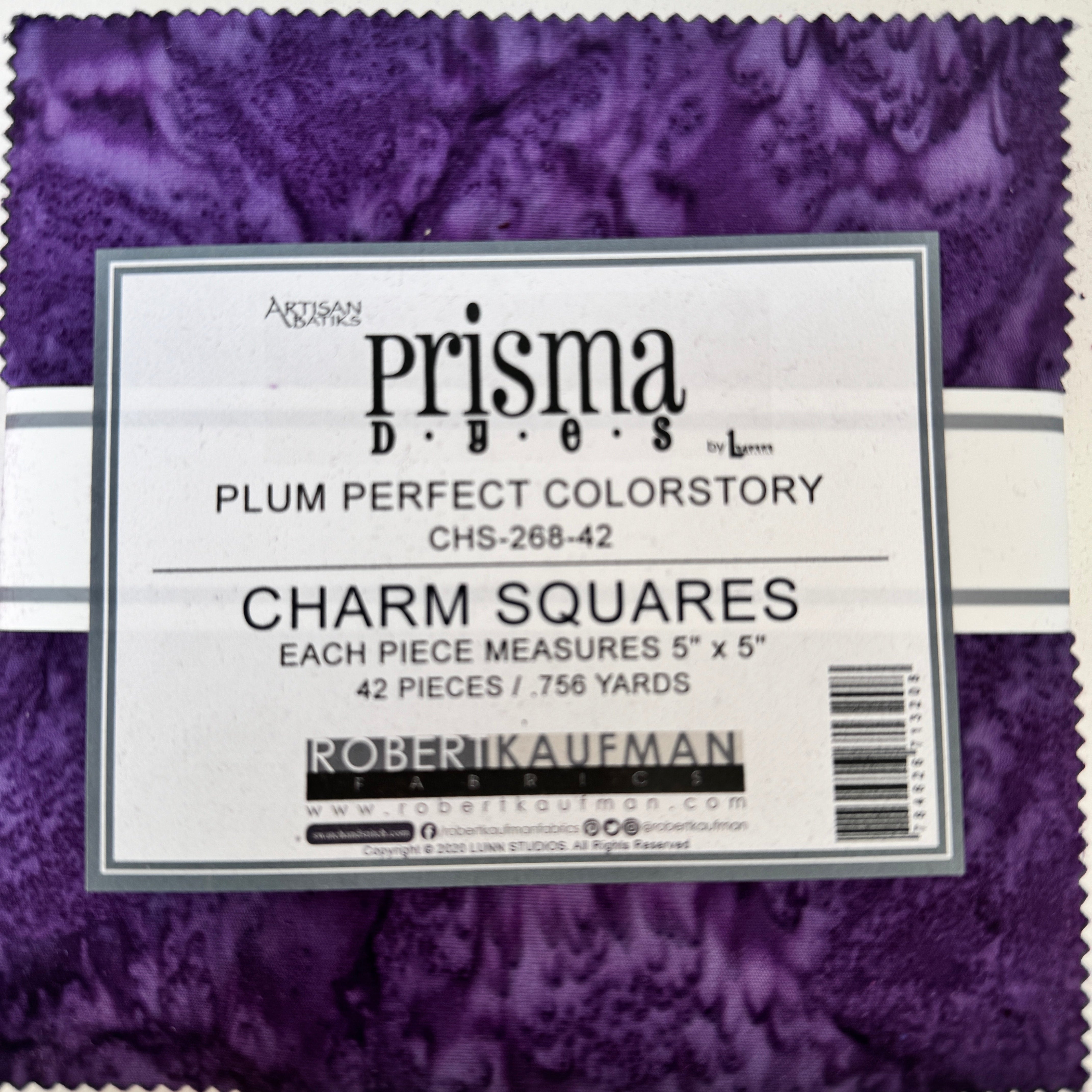 Prisma Dyes Plum Perfect charm pack with hand-dyed purple 5-inch batik squares by Robert Kaufman.