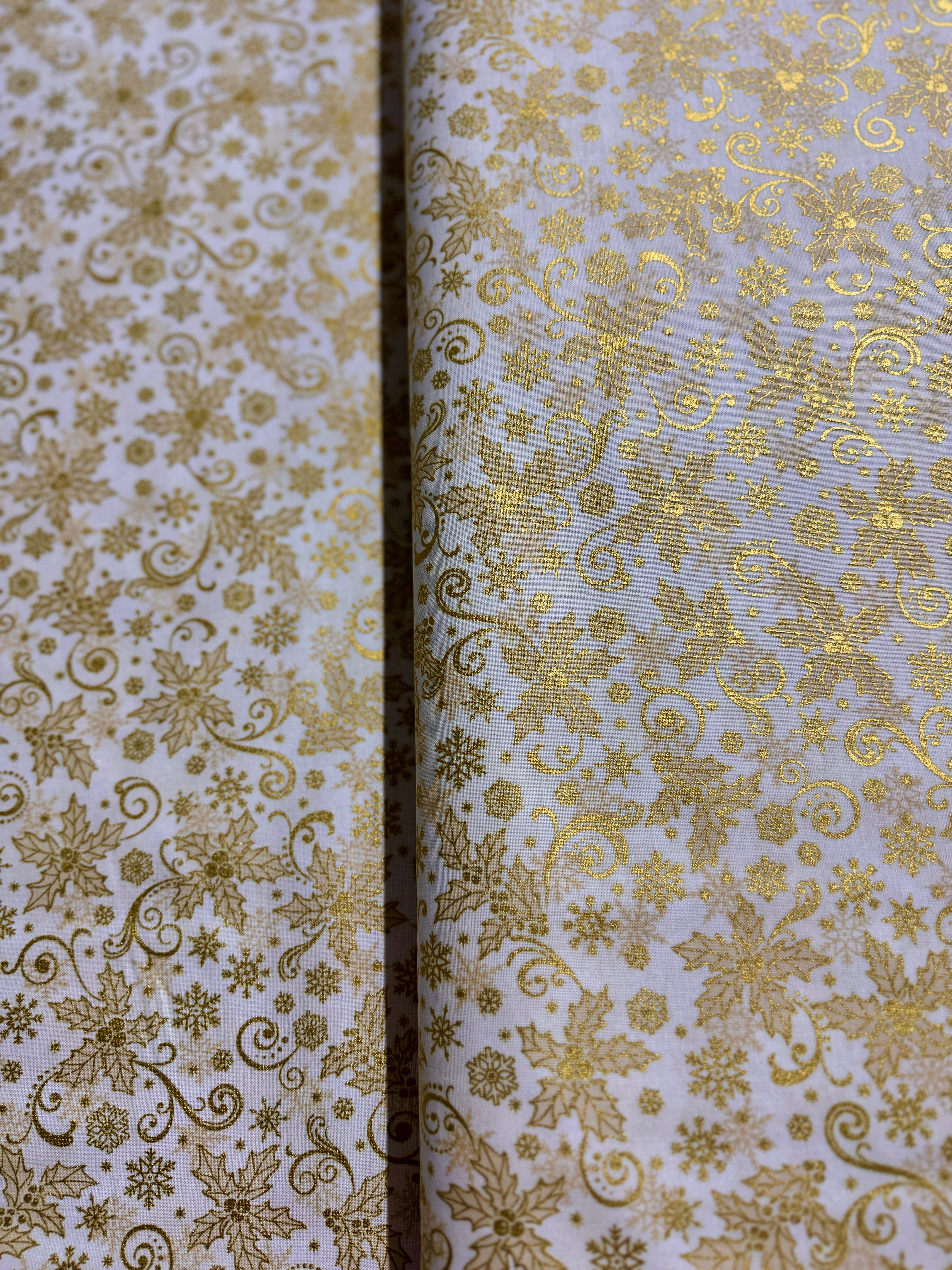 Traditional Trimmings Gold Swirls & Snowflakes on Ivory Fabric by Robert Kaufman – metallic cotton holiday fabric.