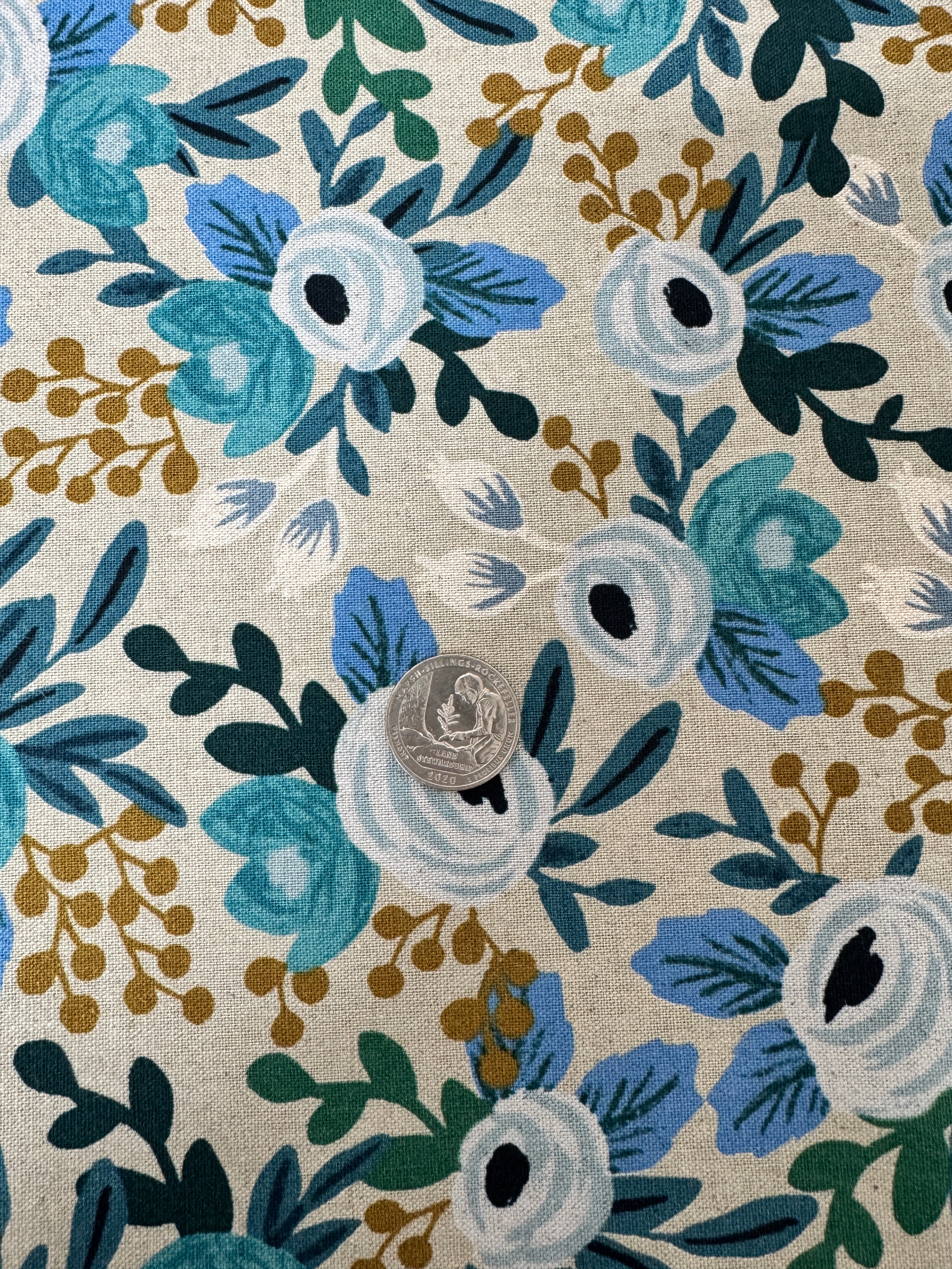 Garden Party - Rosa Blue Unbleached Canvas - Remnant