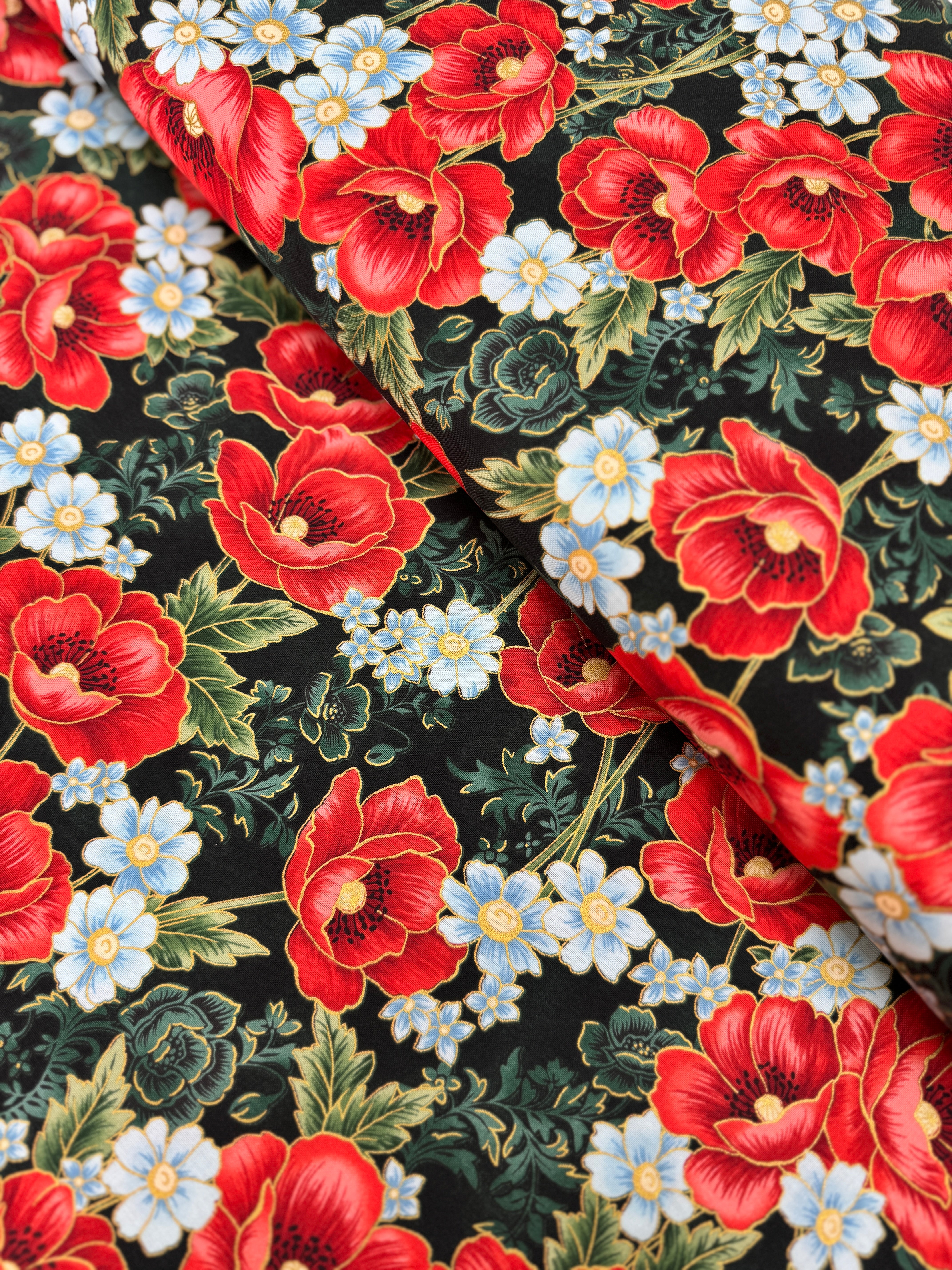 Forest green metallic floral quilting cotton fabric with red poppies by Studio RK.