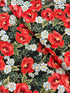 Forest green metallic floral quilting cotton fabric with red poppies by Studio RK.