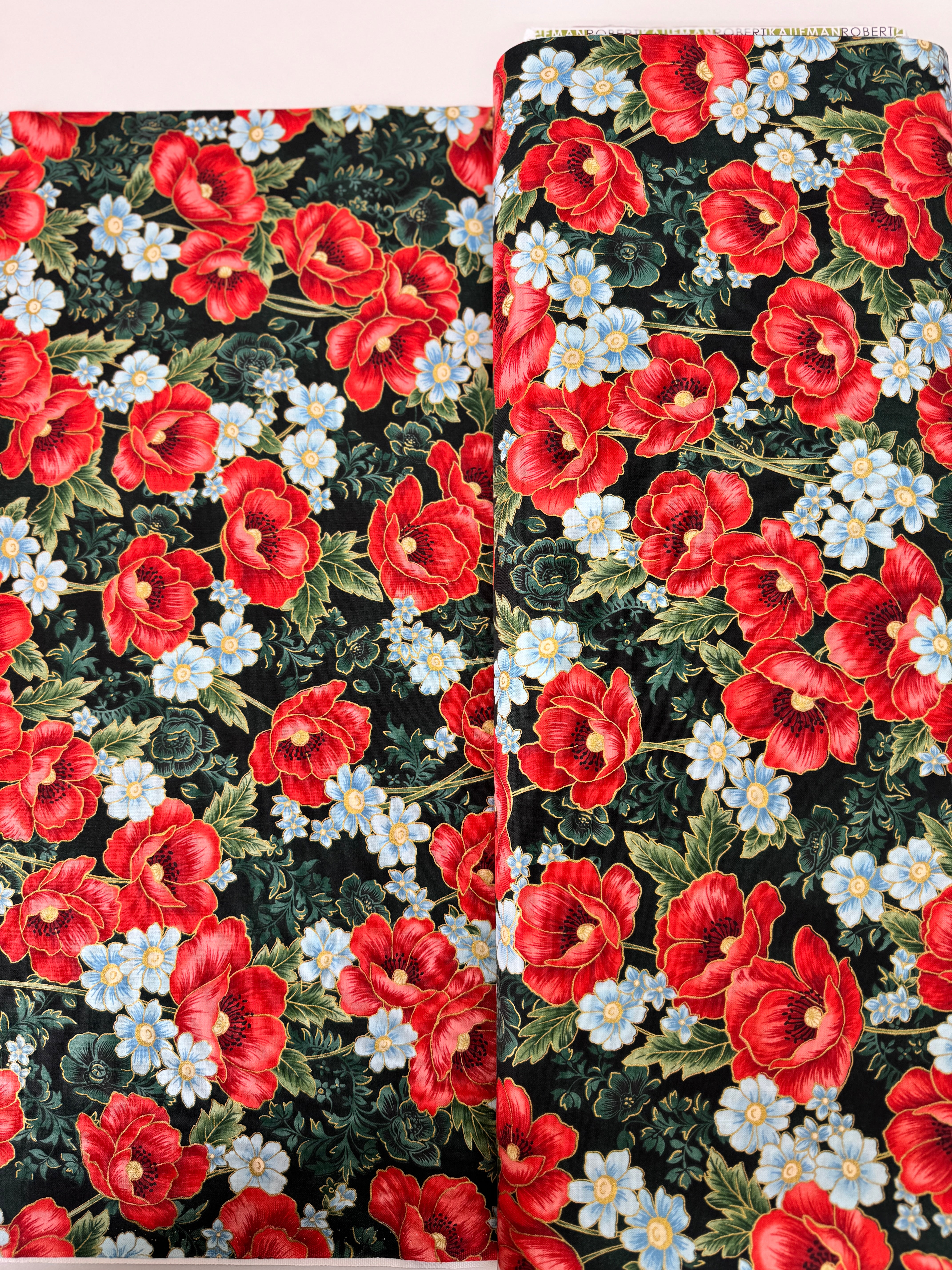 Forest green metallic floral quilting cotton fabric with red poppies by Studio RK.