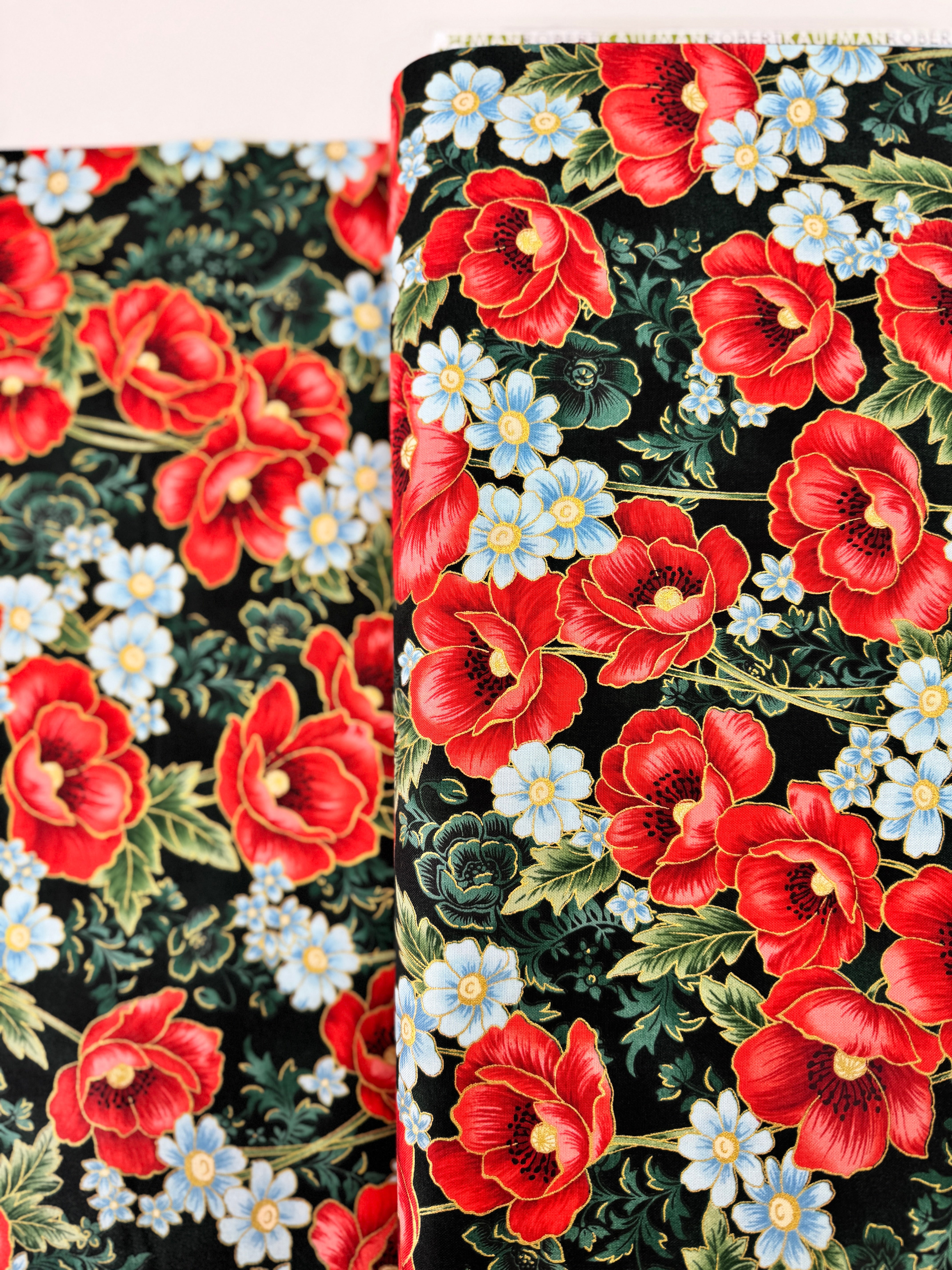 Forest green metallic floral quilting cotton fabric with red poppies by Studio RK.