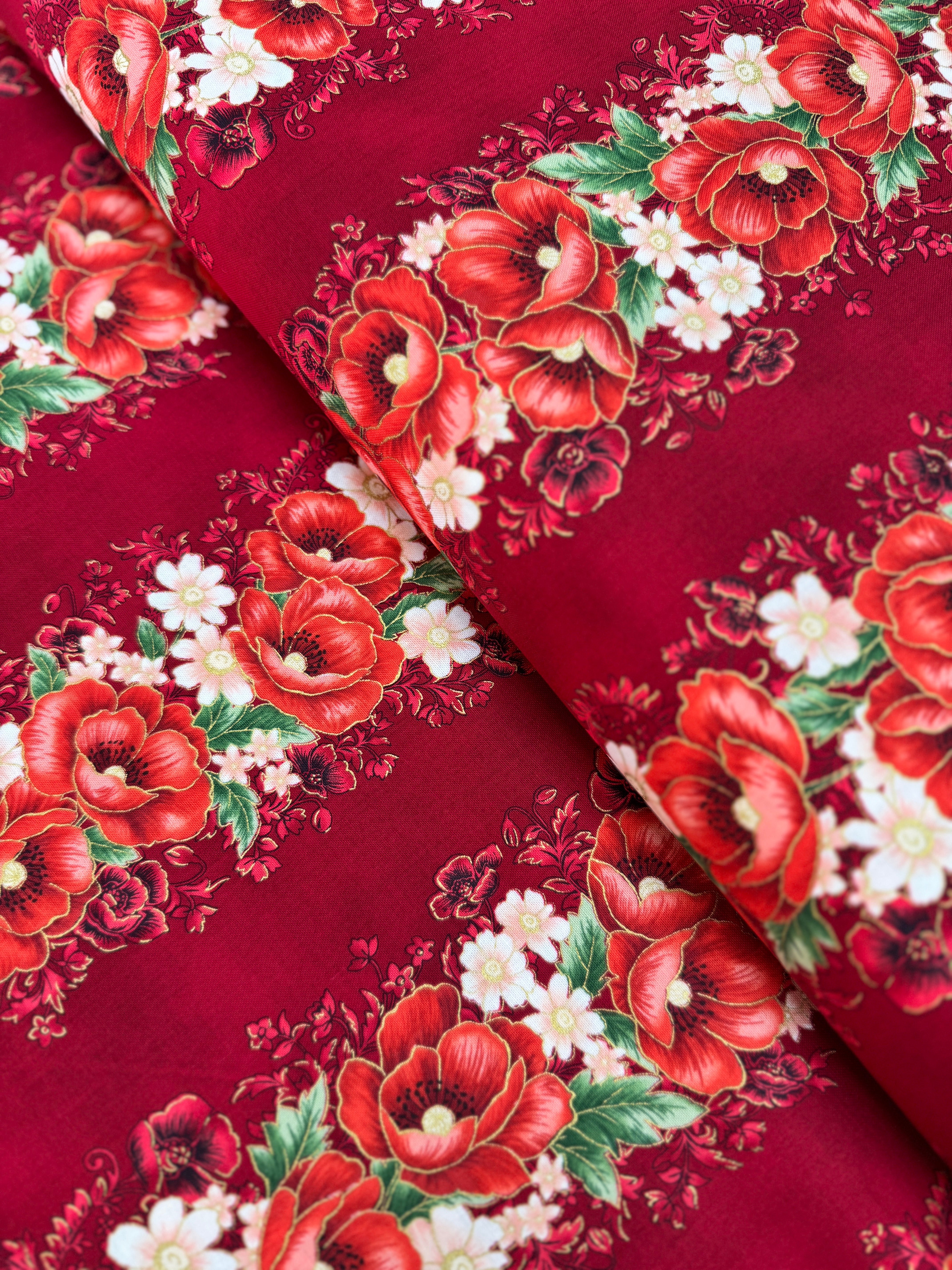 Crimson red metallic floral stripe quilting cotton fabric with poppies by Studio RK.