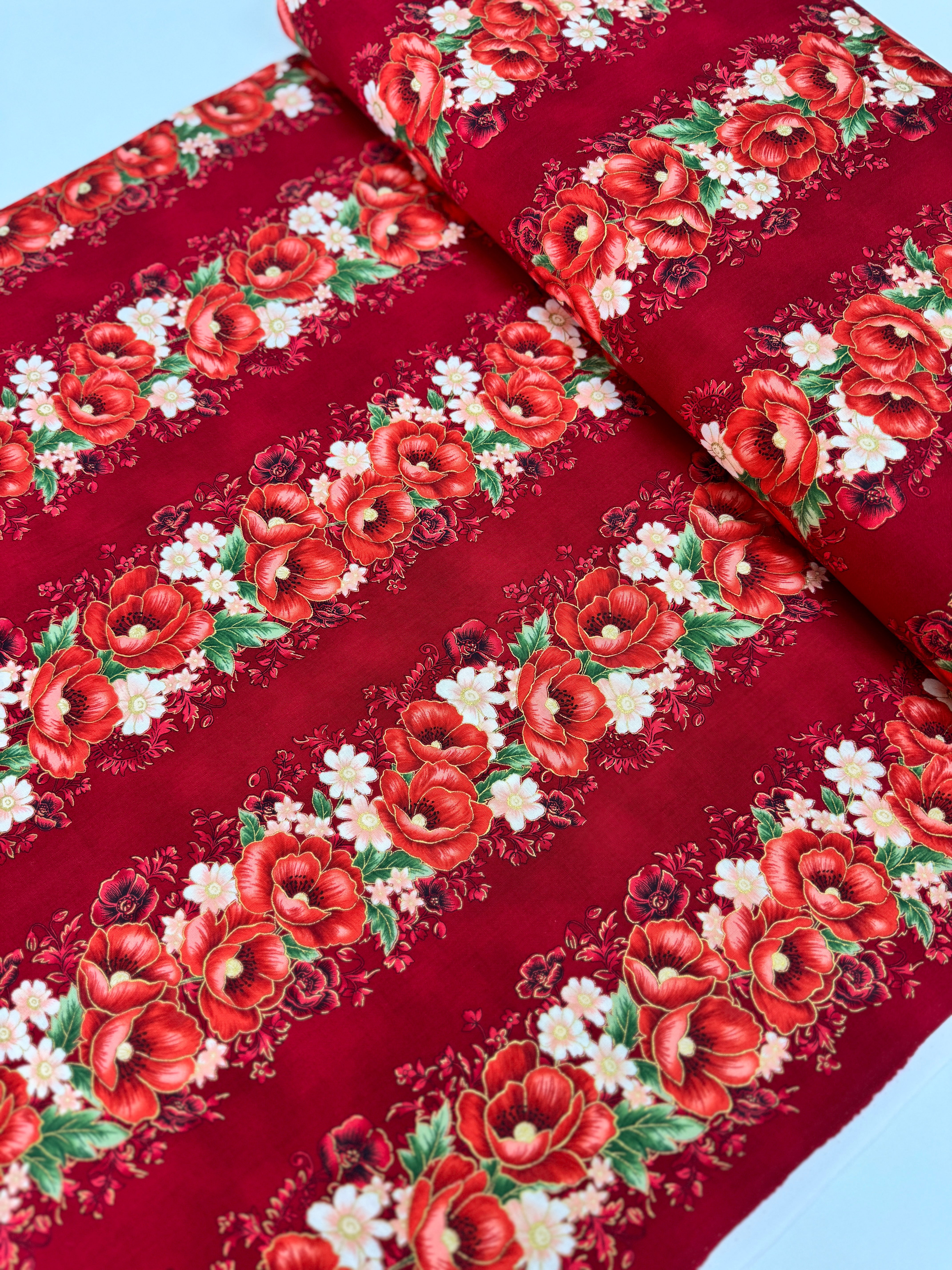 Crimson red metallic floral stripe quilting cotton fabric with poppies by Studio RK.