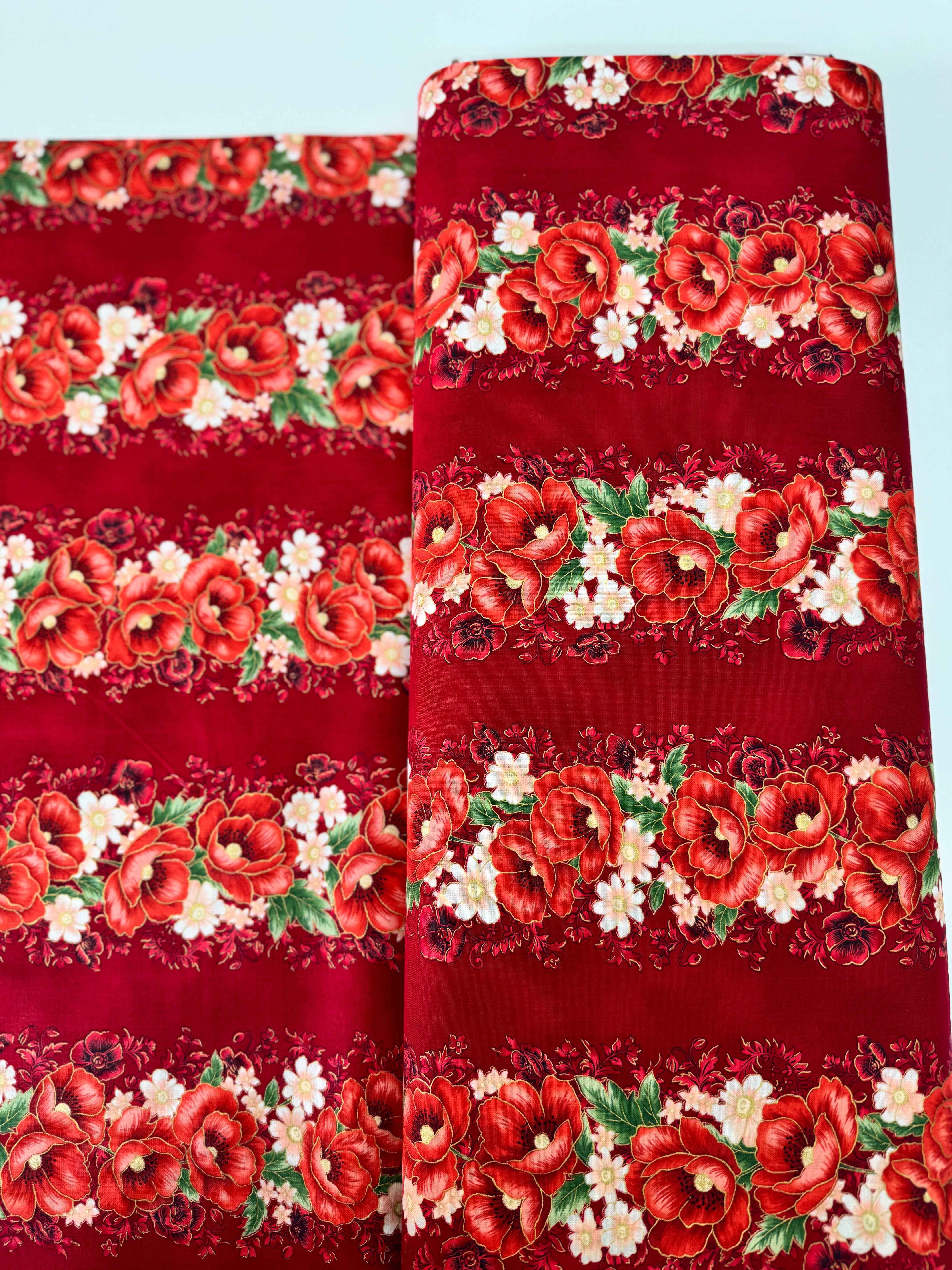 Crimson red metallic floral stripe quilting cotton fabric with poppies by Studio RK.