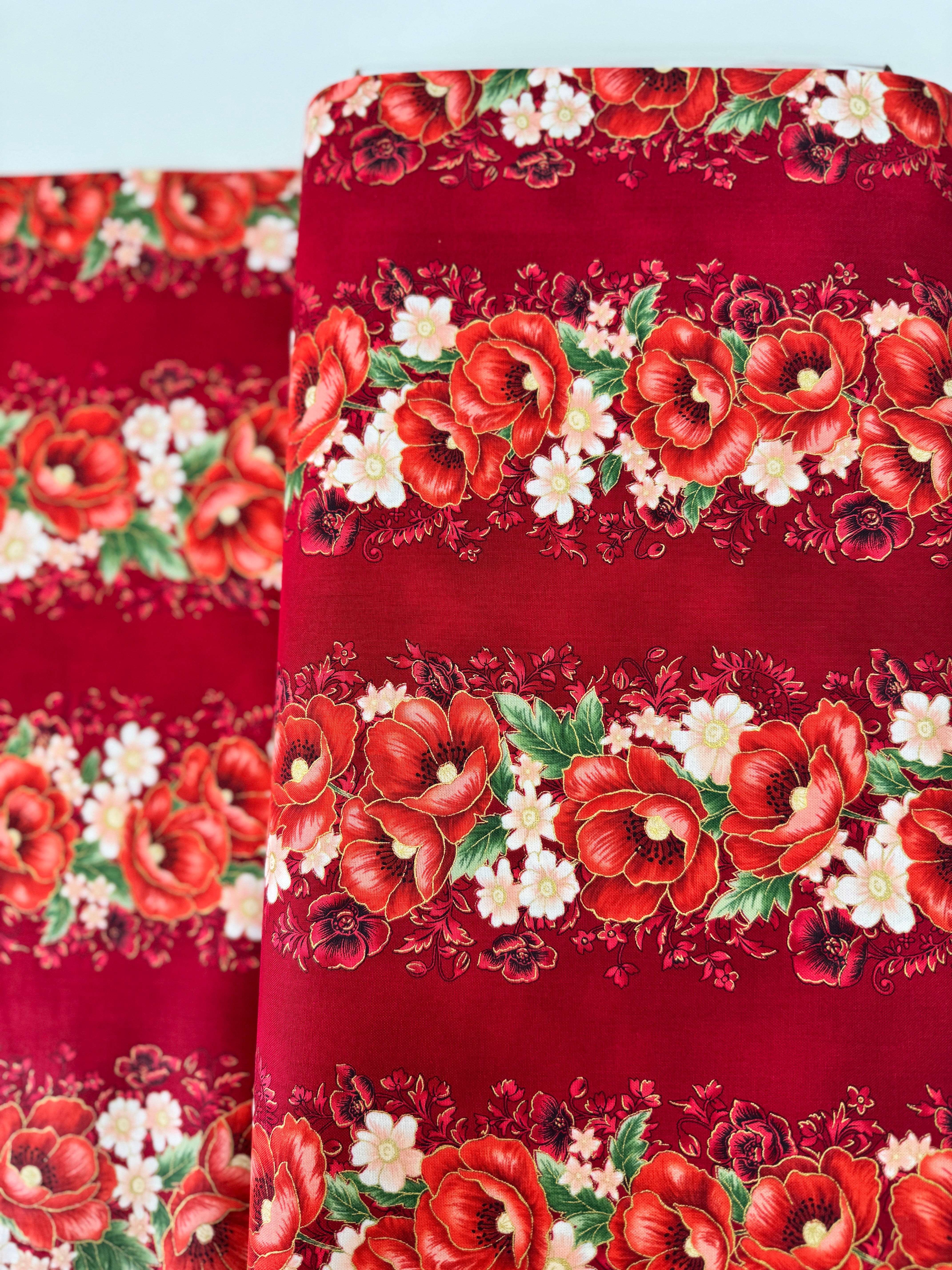 Crimson red metallic floral stripe quilting cotton fabric with poppies by Studio RK.