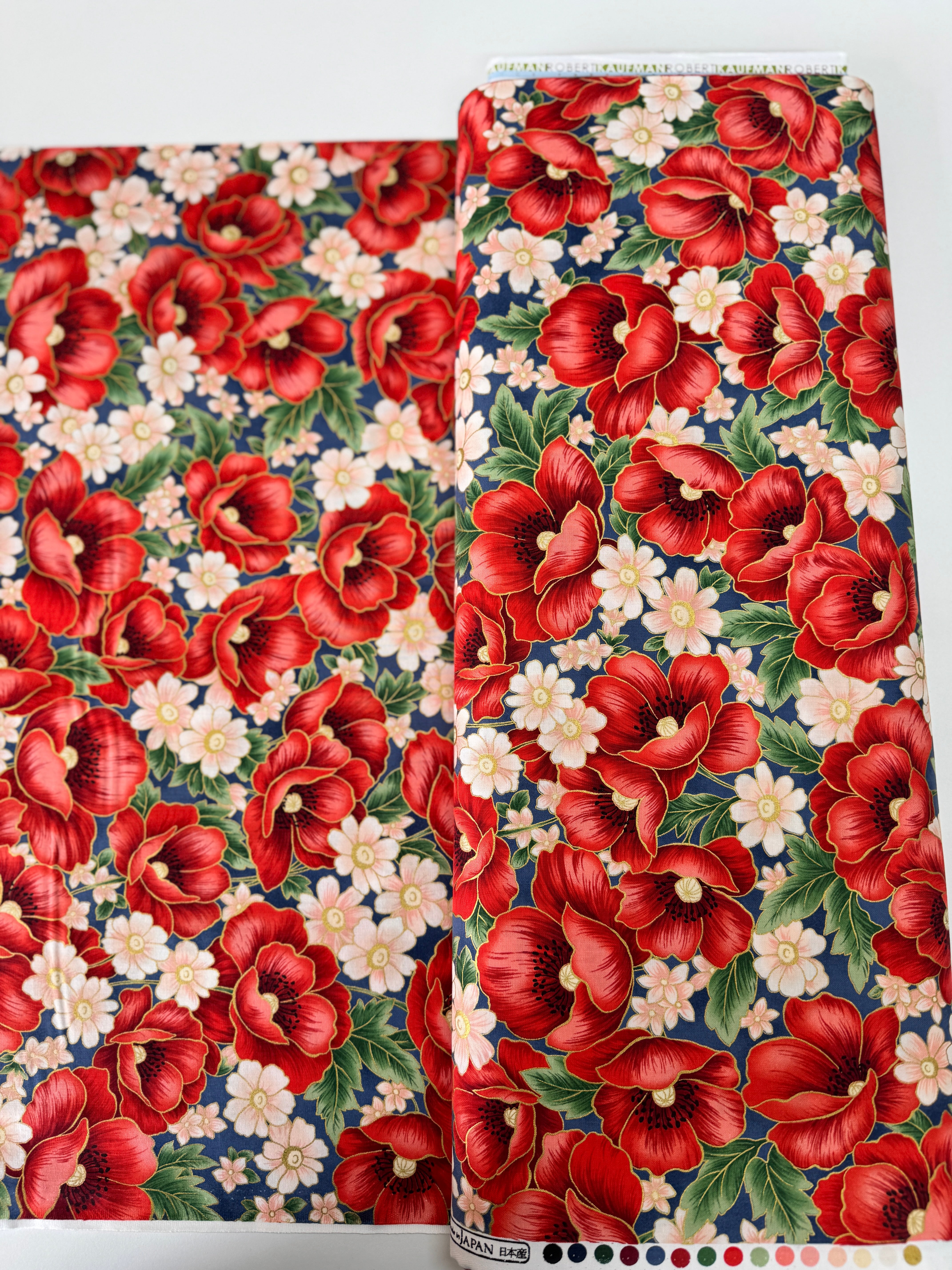 Blue metallic floral quilting cotton fabric with red poppy bouquets by Studio RK.