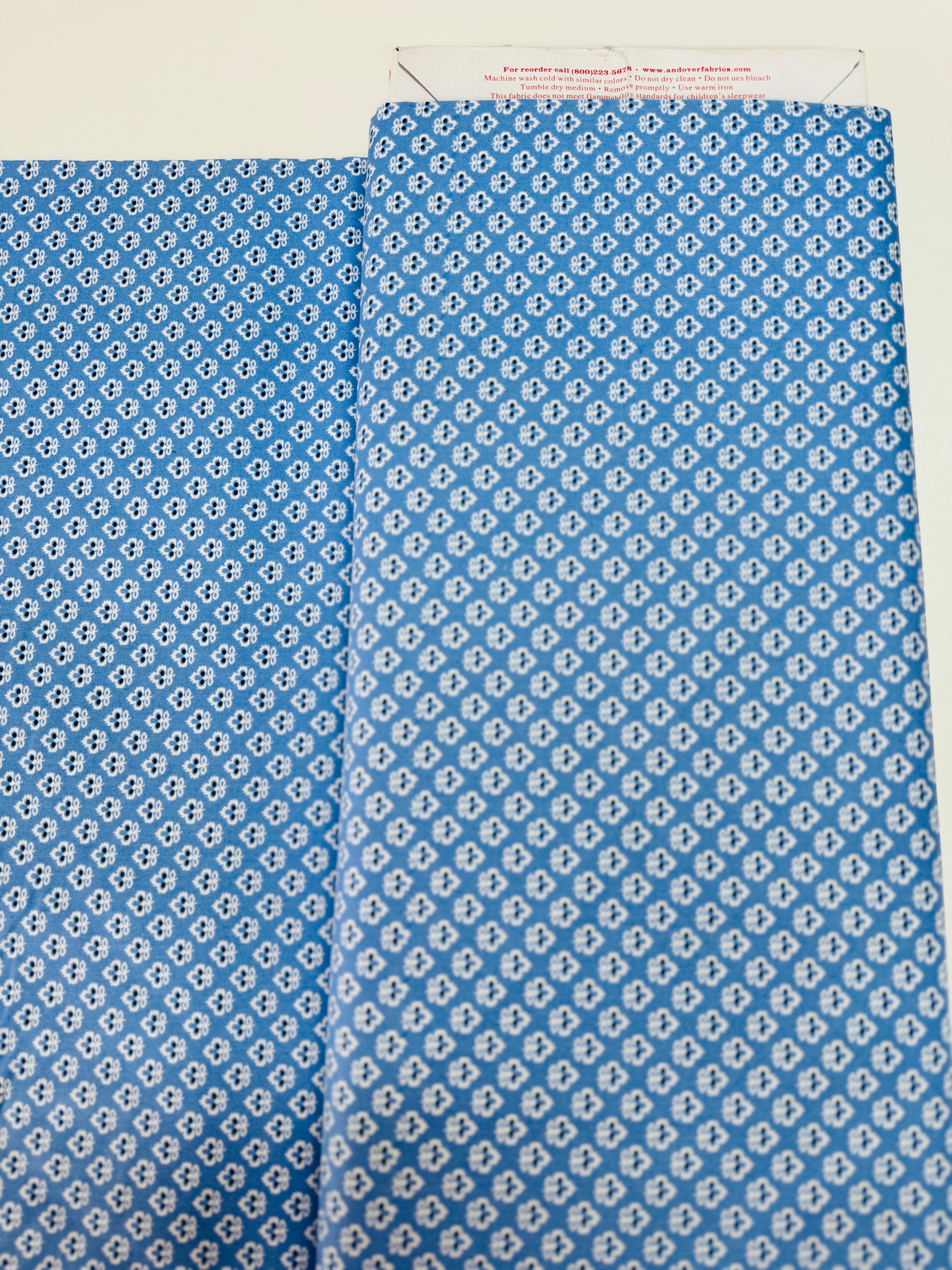 Blue cotton quilting fabric with tiny white floral ditsy print by Quilted Koala.
