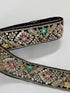 Black embroidered lace trim with gold thread and multicolor floral beadwork decorative border