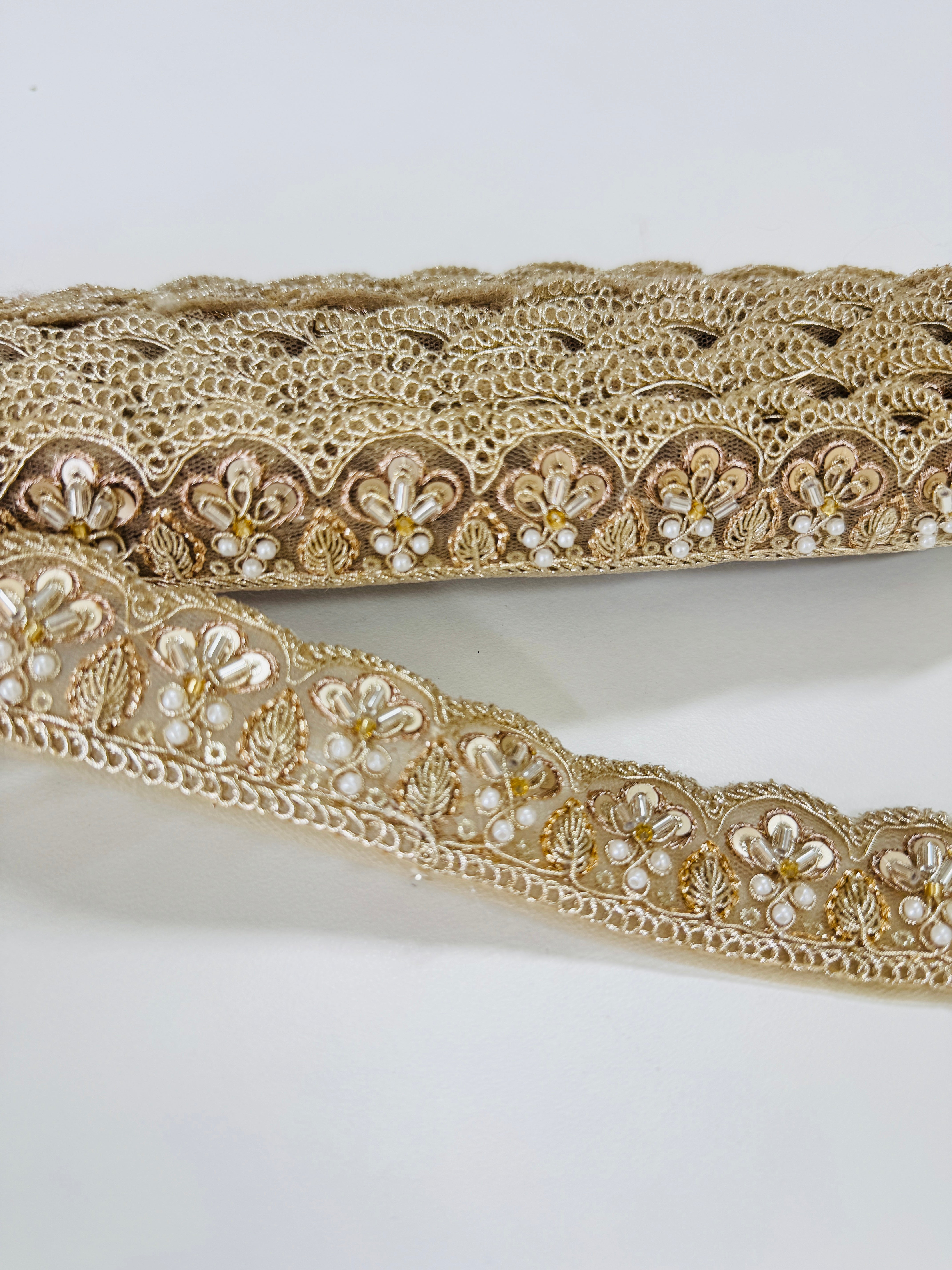 Gold embroidered lace trim with floral beadwork and scalloped edge for garments and crafts