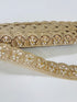 Gold embroidered lace trim with floral beadwork and scalloped edge for garments and crafts