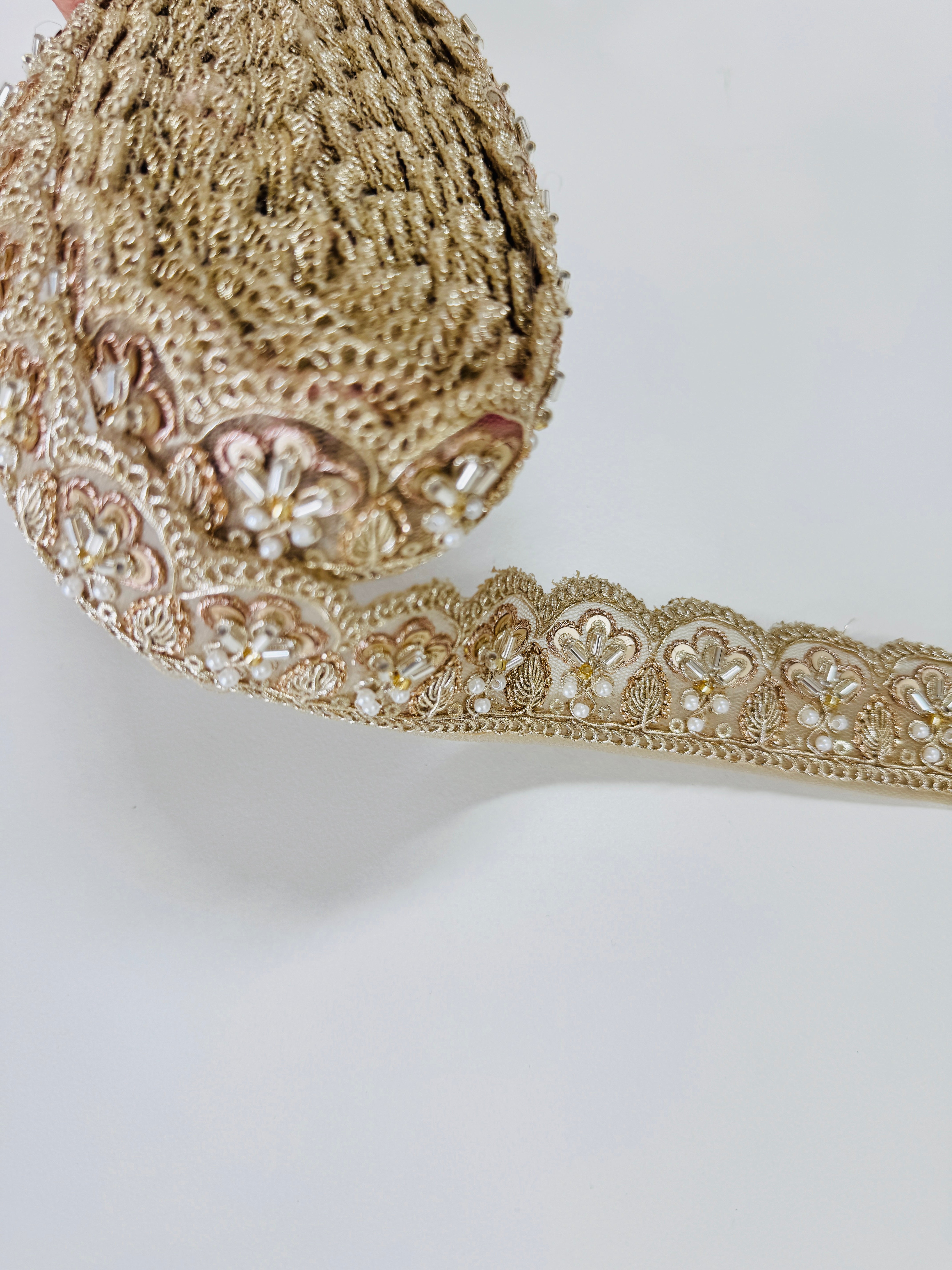 Gold embroidered lace trim with floral beadwork and scalloped edge for garments and crafts