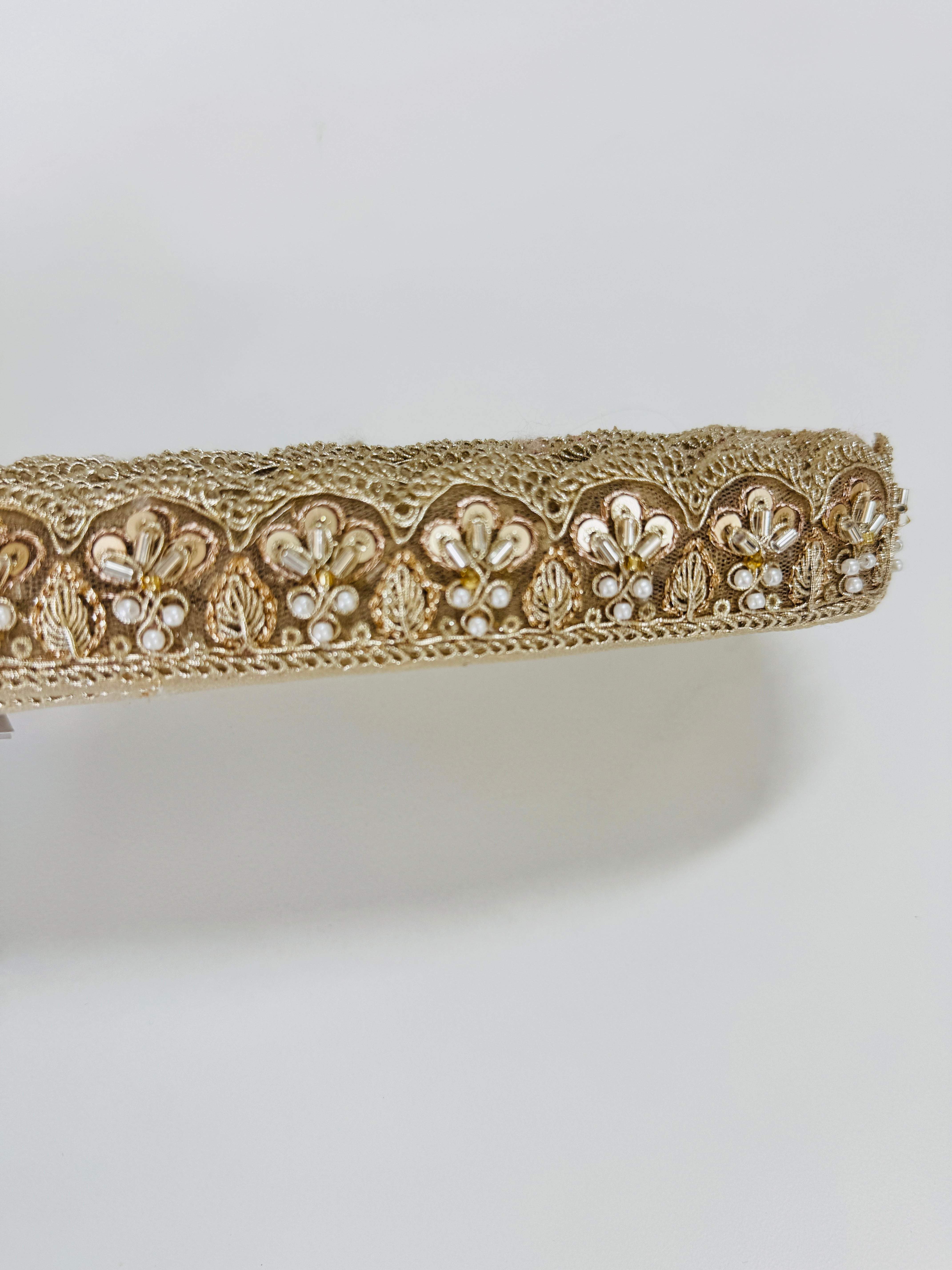 Gold embroidered lace trim with floral beadwork and scalloped edge for garments and crafts